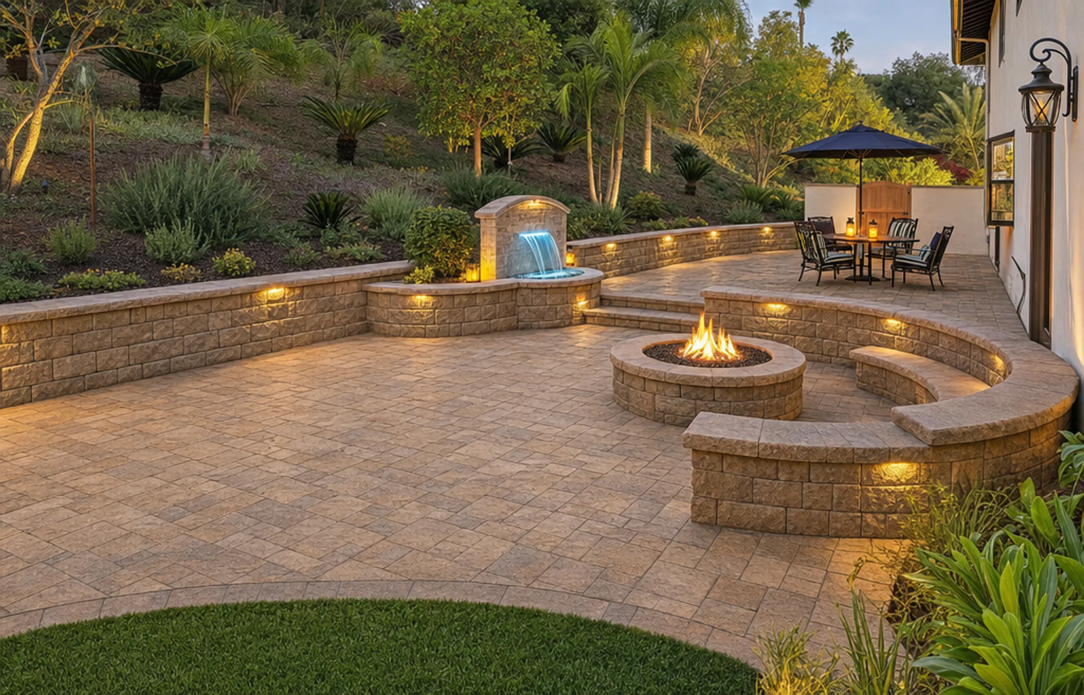 Paver patio retaining wall with built-in seating steps and fire pit