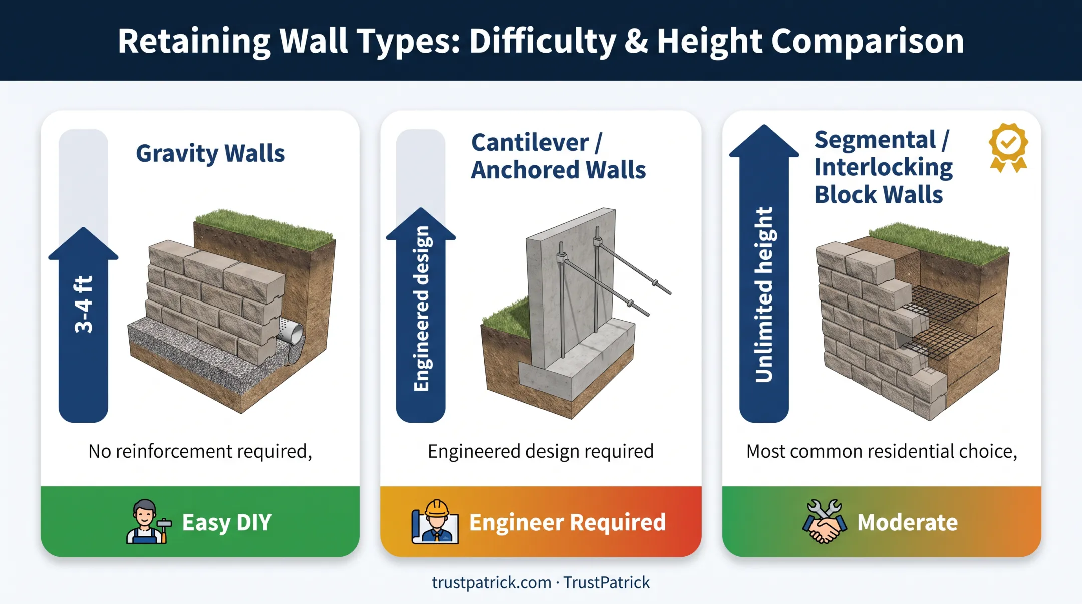 Three retaining wall types compared by height and complexity