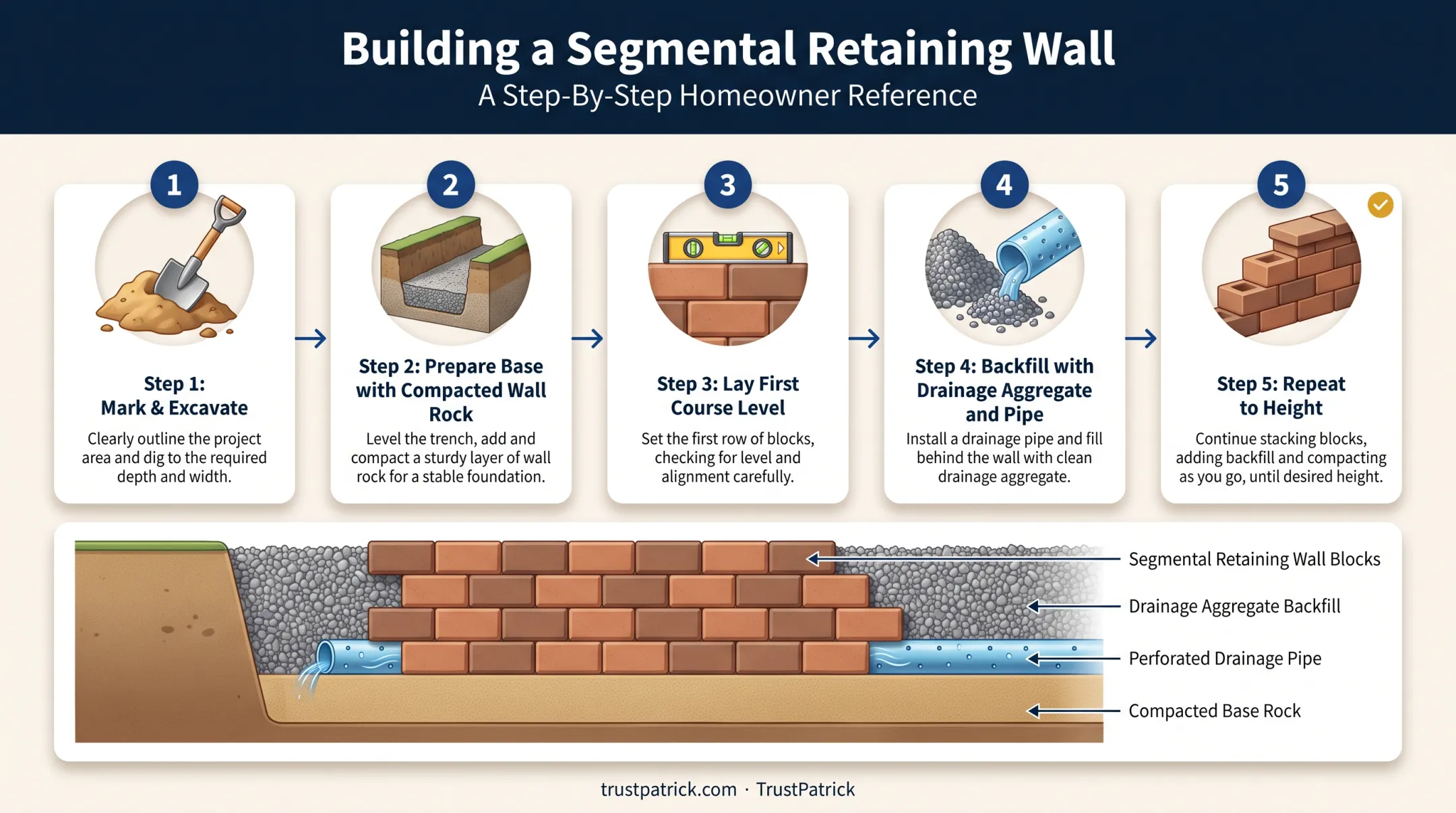 5-step paver retaining wall construction process from excavation to backfill