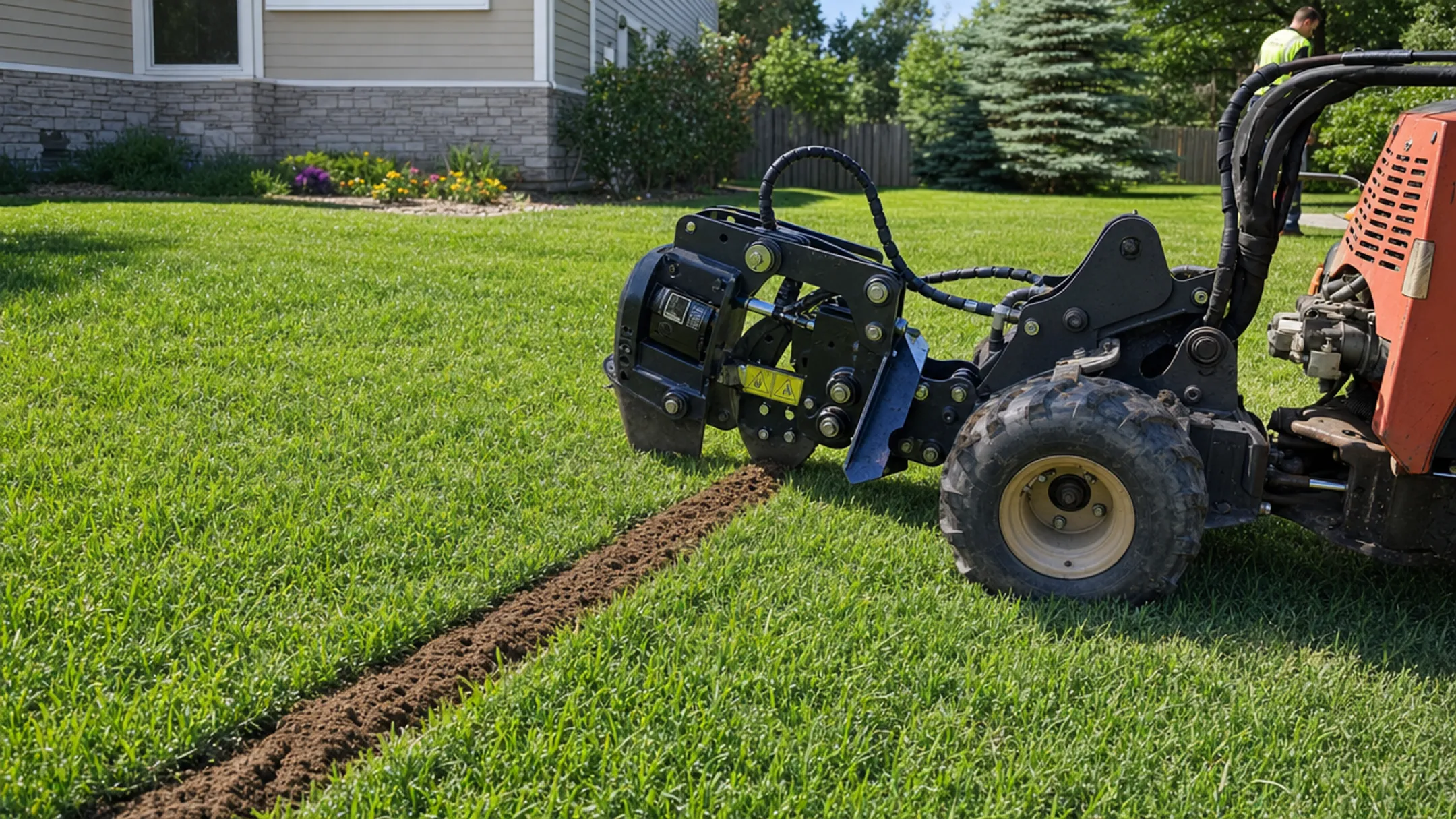 Vibratory plow machine installing irrigation pipe in residential lawn