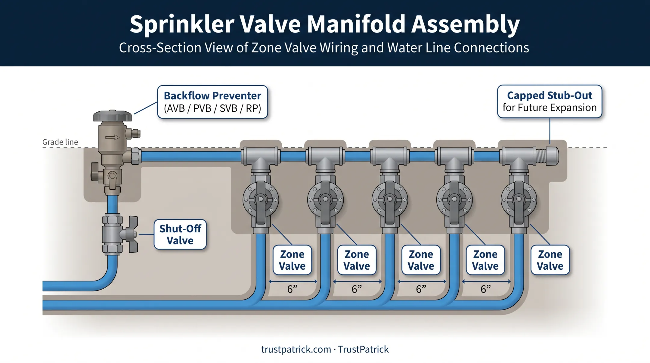 Sprinkler valve manifold and backflow preventer assembly diagram