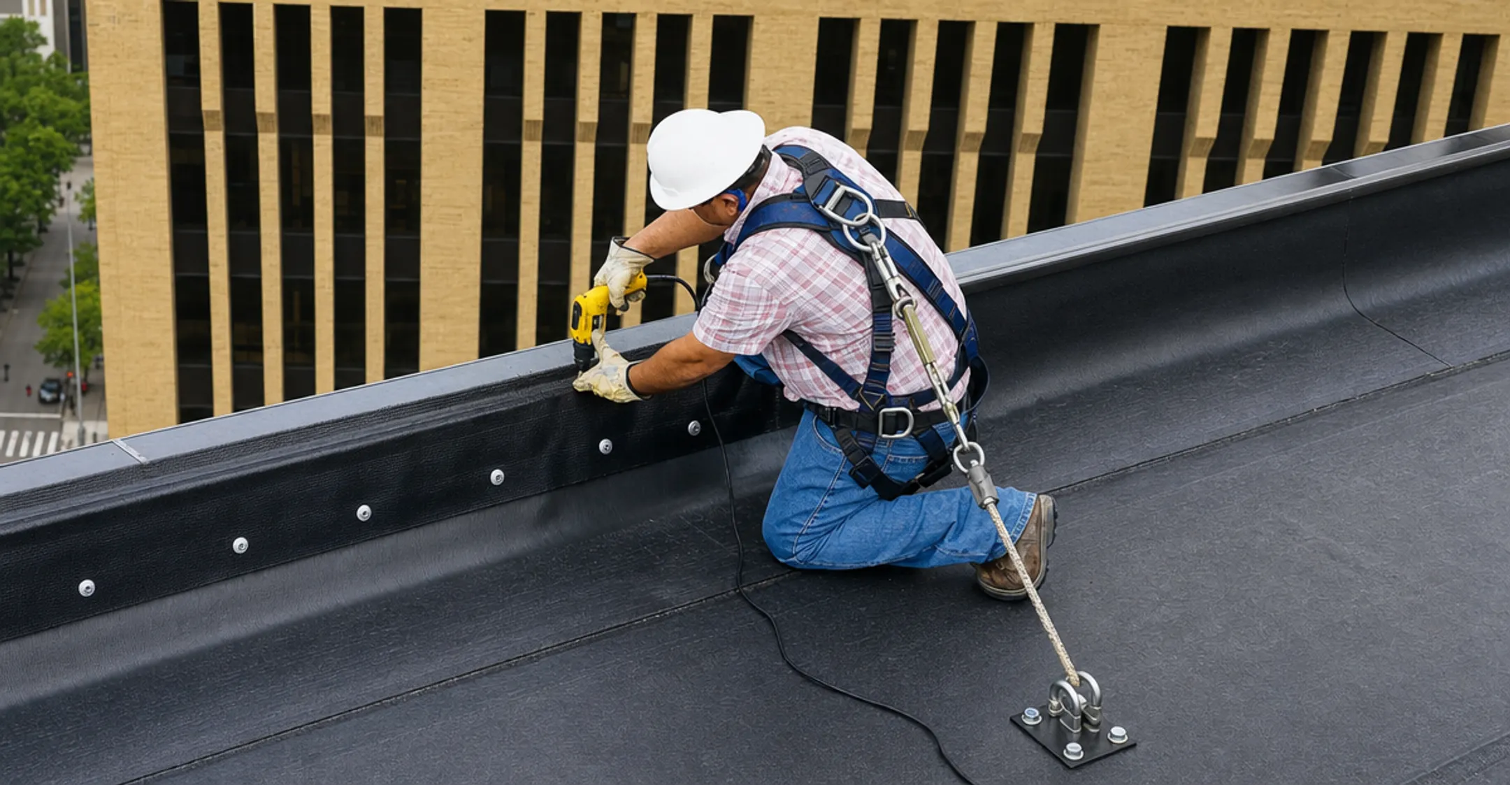 Roofing worker wearing fall protection harness on flat roof edge