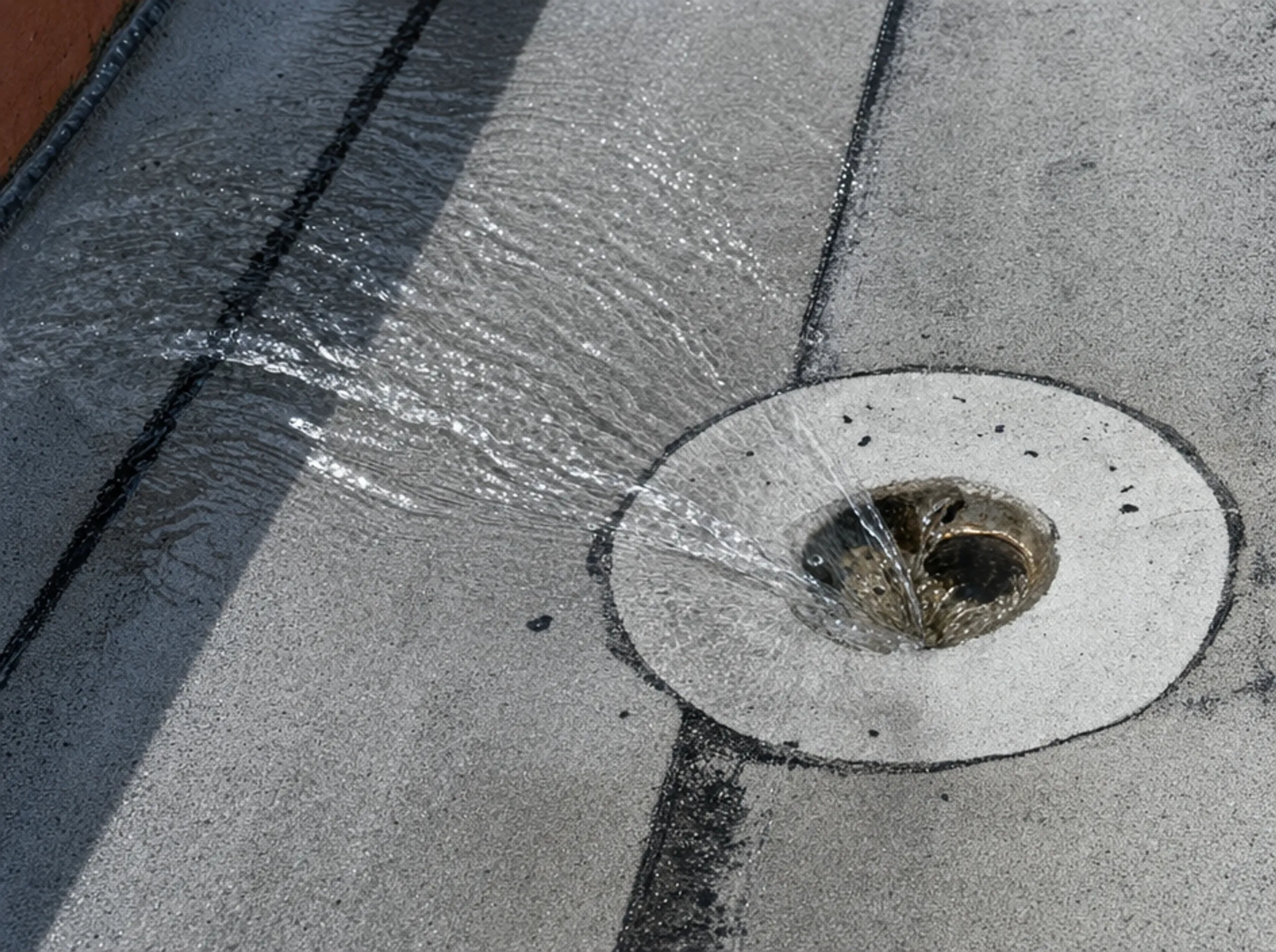 Water pooling test on flat roof surface near drain installation