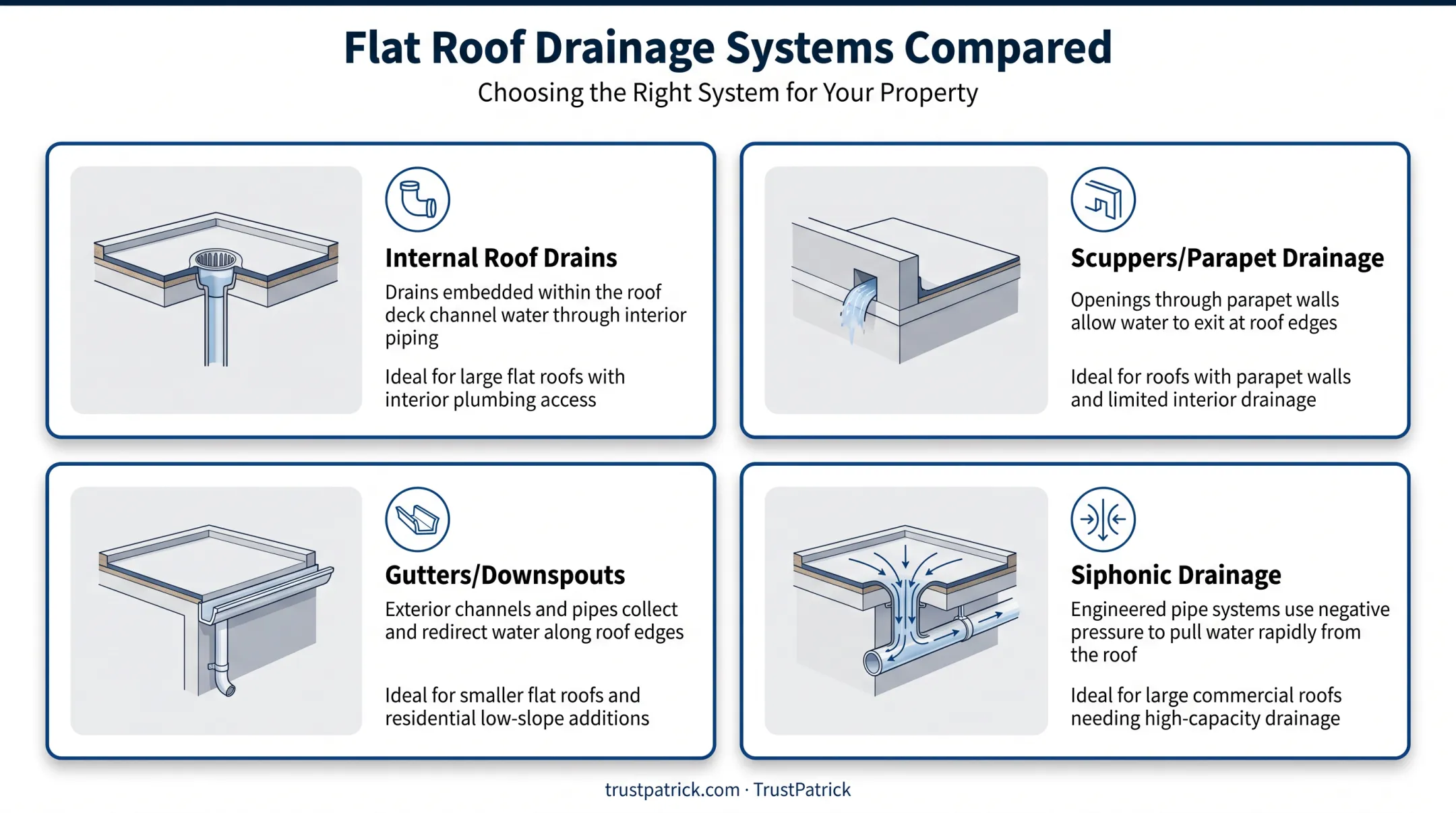 Four types of flat roof drainage systems comparison diagram