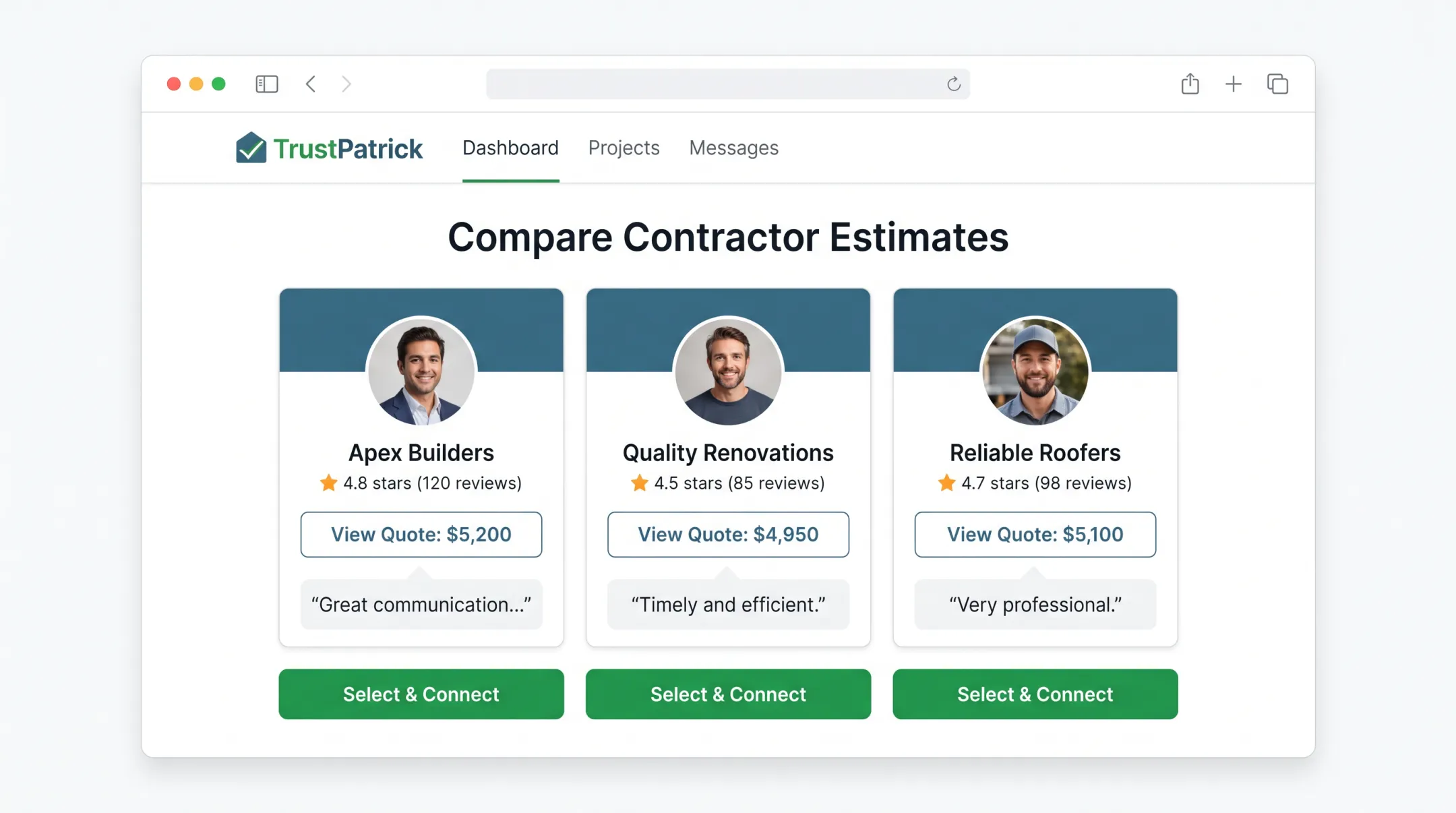 Homeowner comparing multiple carpentry quotes on TrustPatrick platform interface