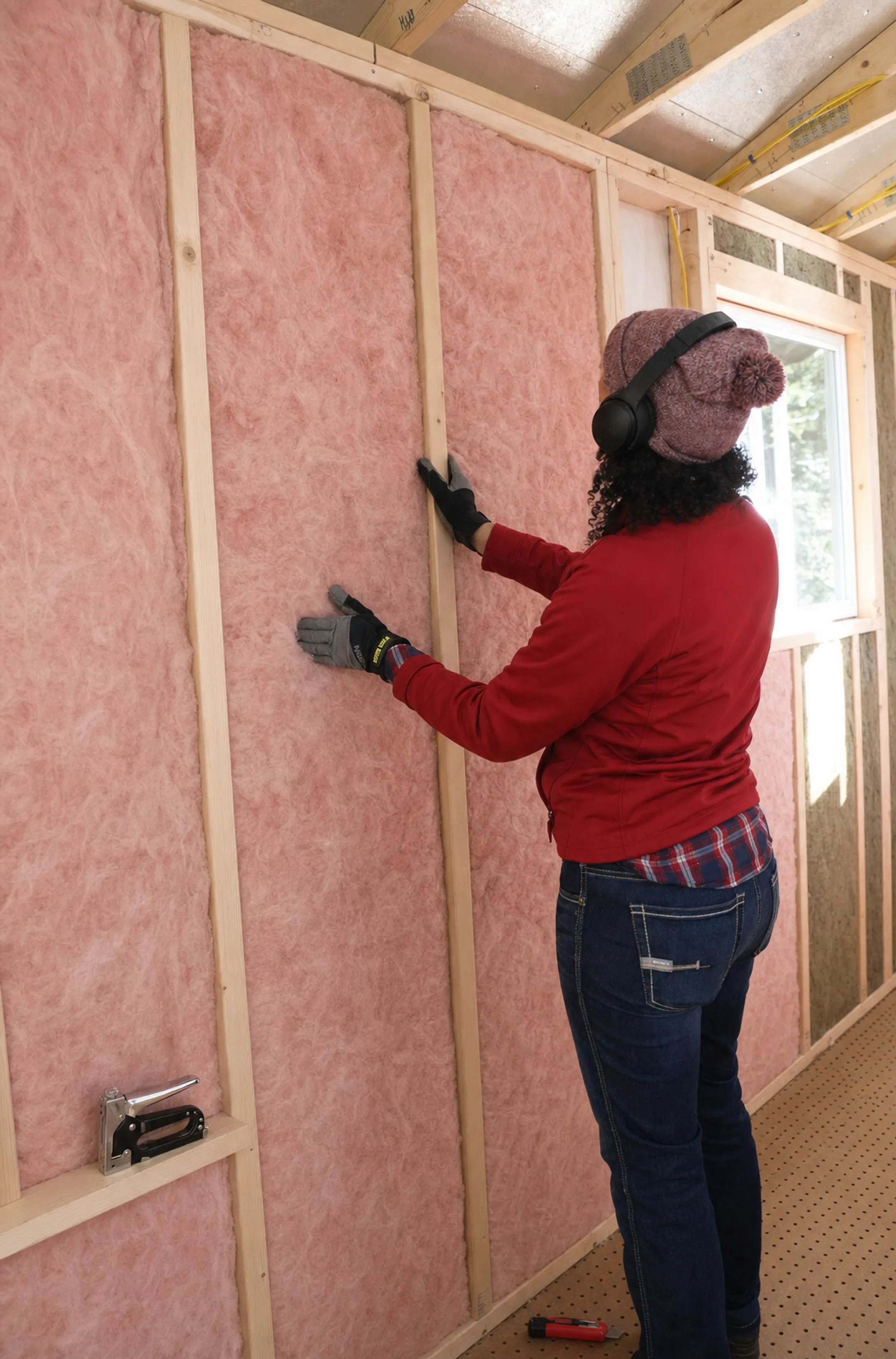 Fiberglass insulation batts installed between shed wall studs