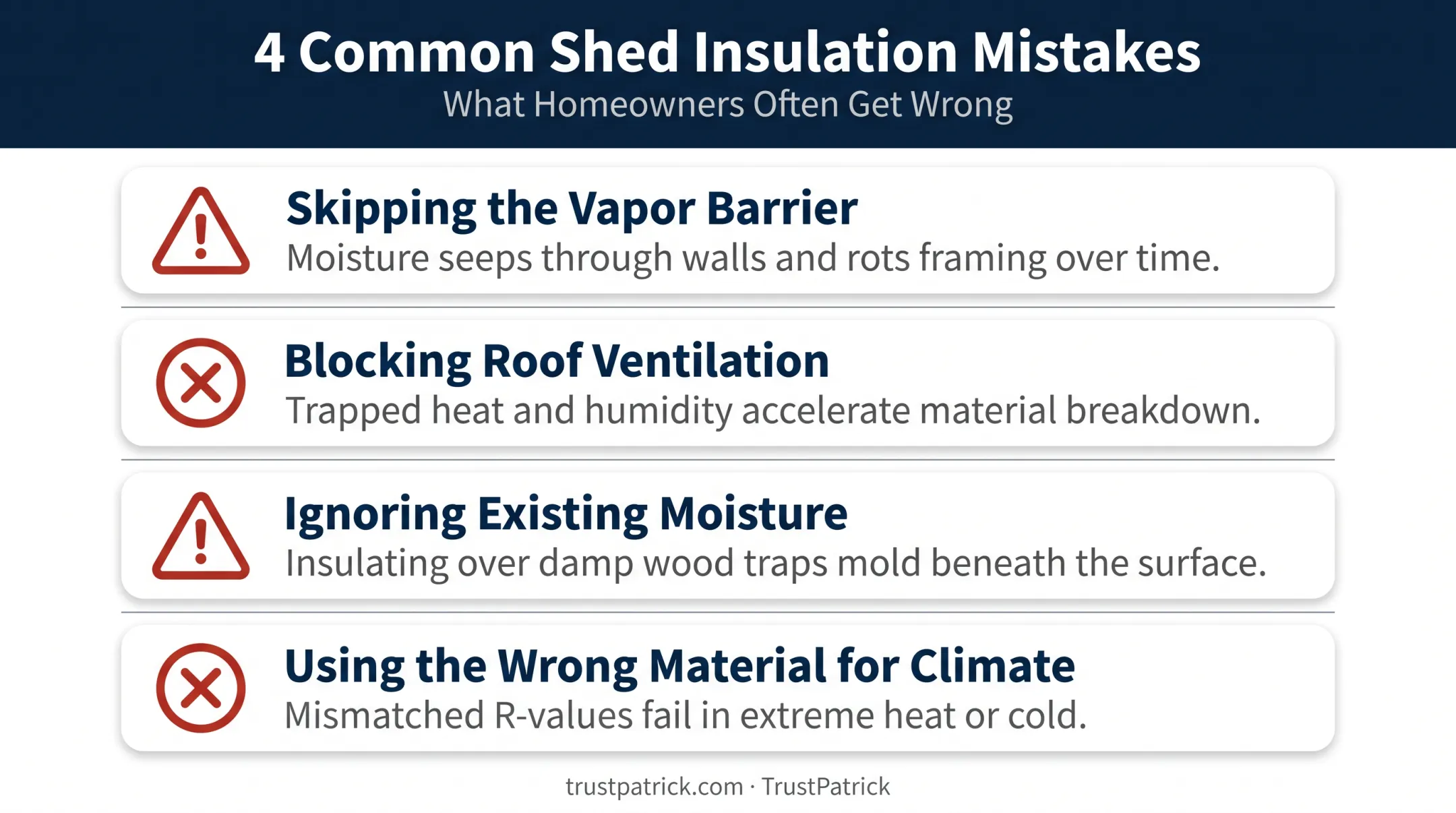 Common shed insulation mistakes to avoid checklist infographic