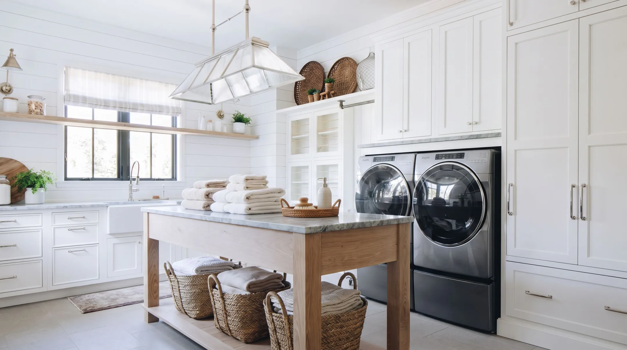 Laundry room island with folded laundry and built-in storage cubbies