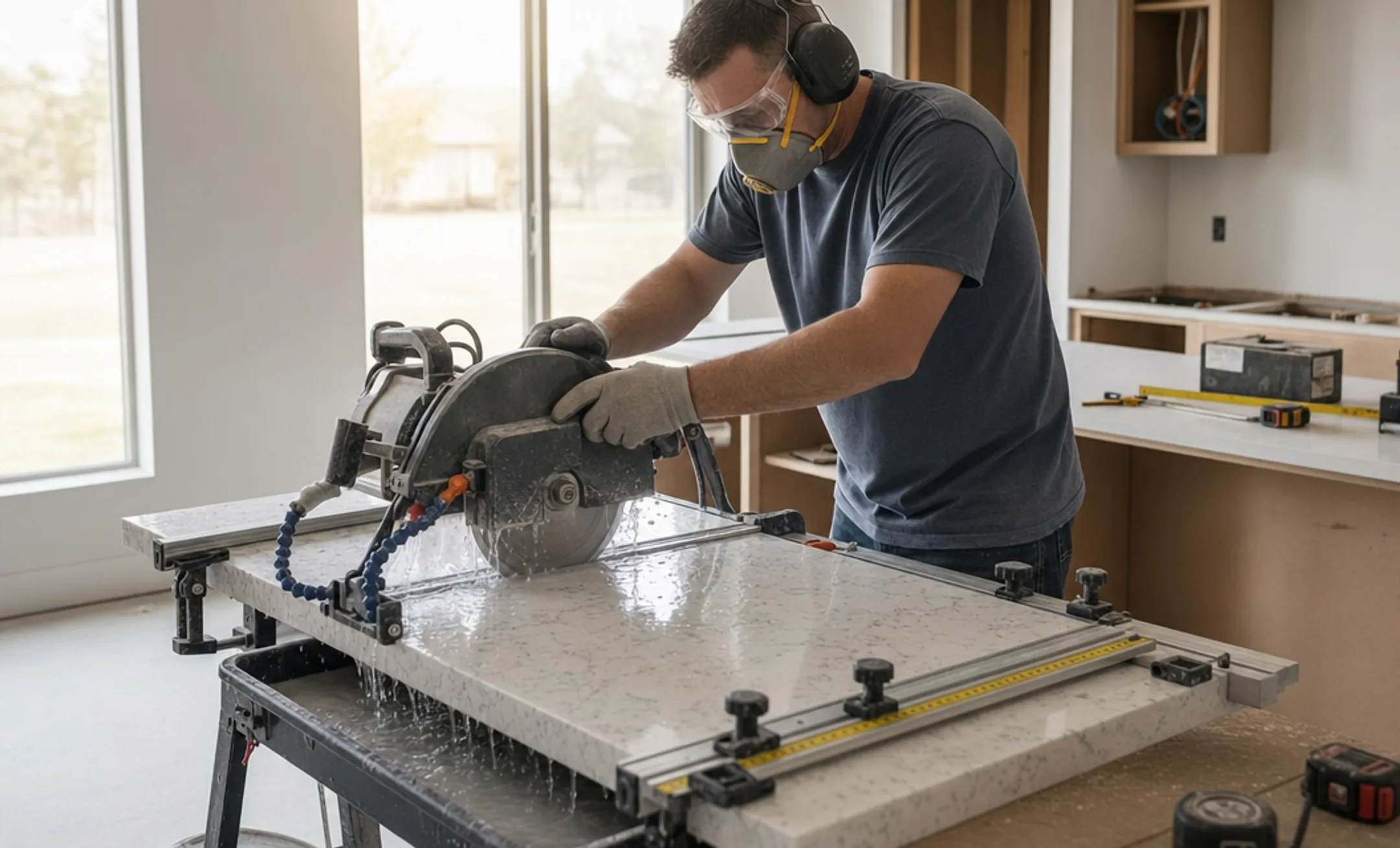 Professional installer templating and cutting quartz countertop slab