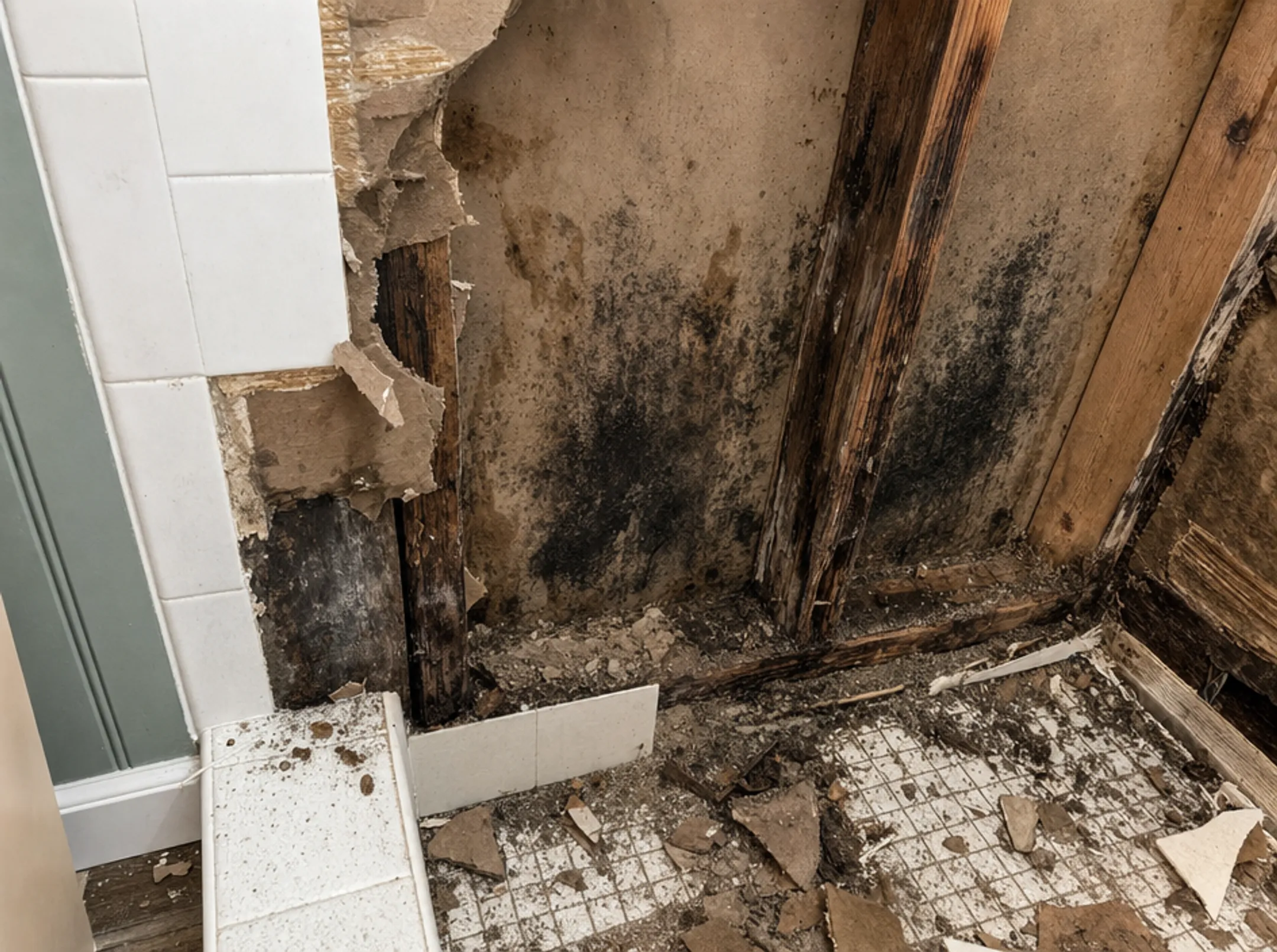 Water-damaged bathroom wall showing mold and crumbling drywall