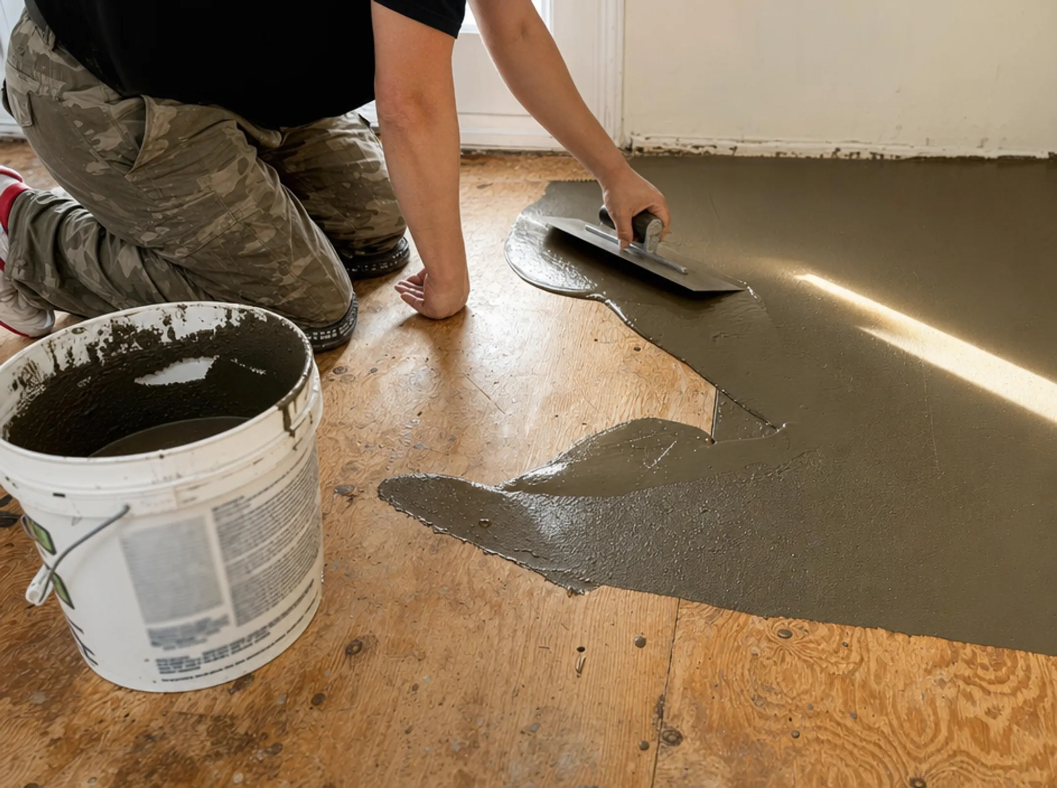Contractor leveling uneven subfloor before tile installation project