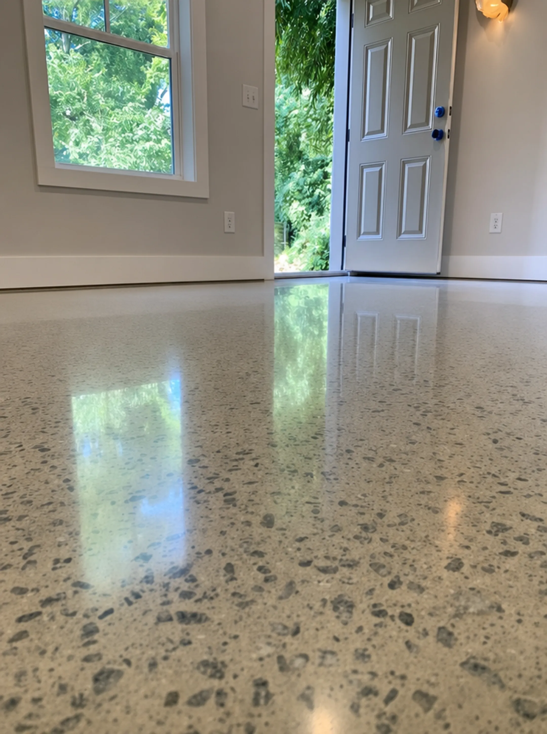Polished concrete basement floor with glossy reflective finish