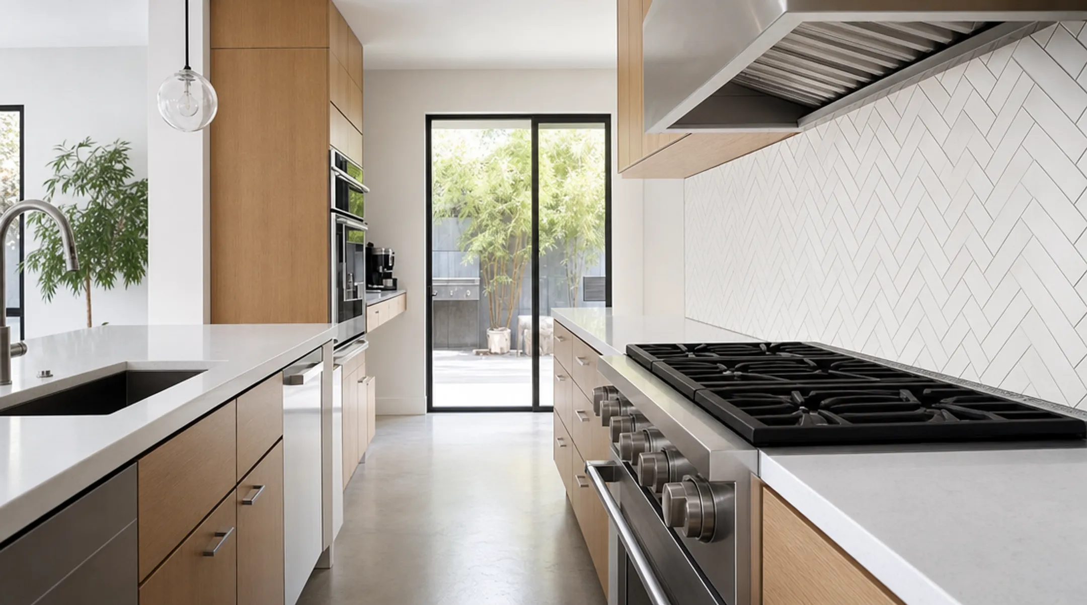 Herringbone pattern tile backsplash installation in modern kitchen