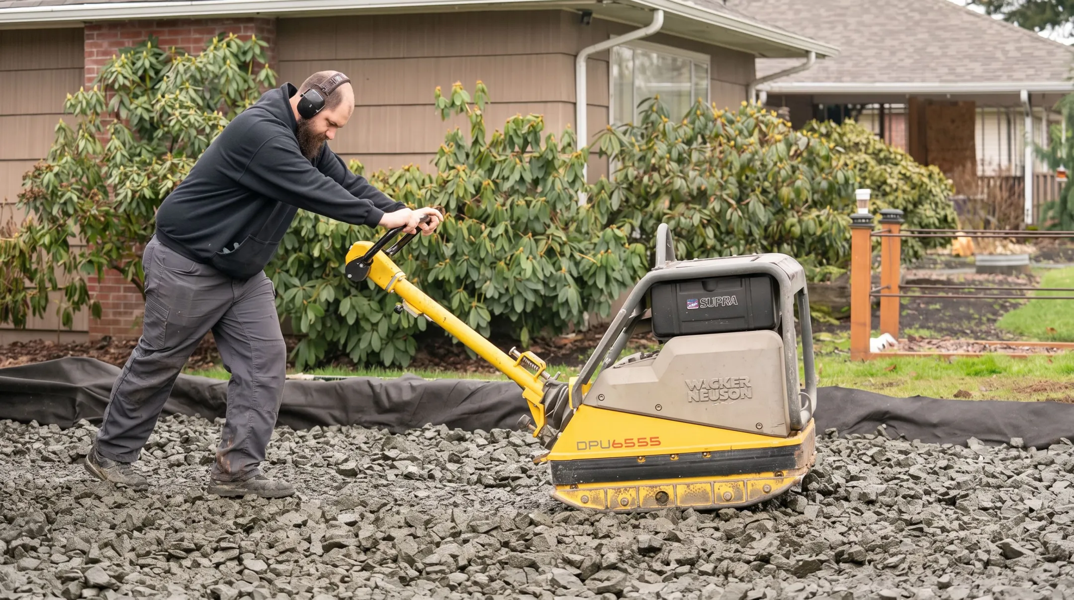 Worker compacting paver base material with plate compactor tool