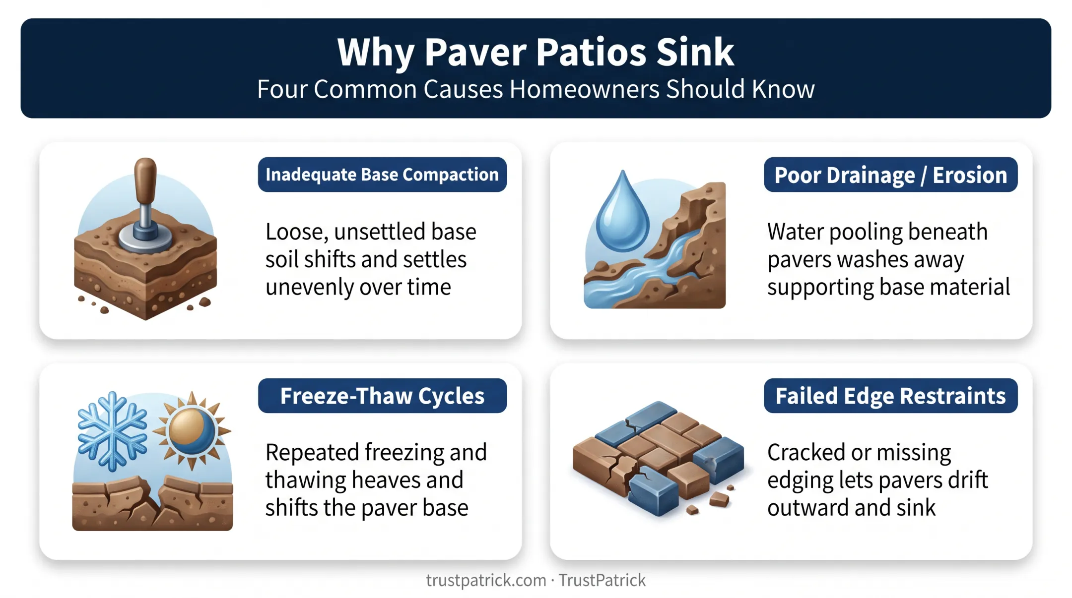 Four common causes of sinking paver patios diagram