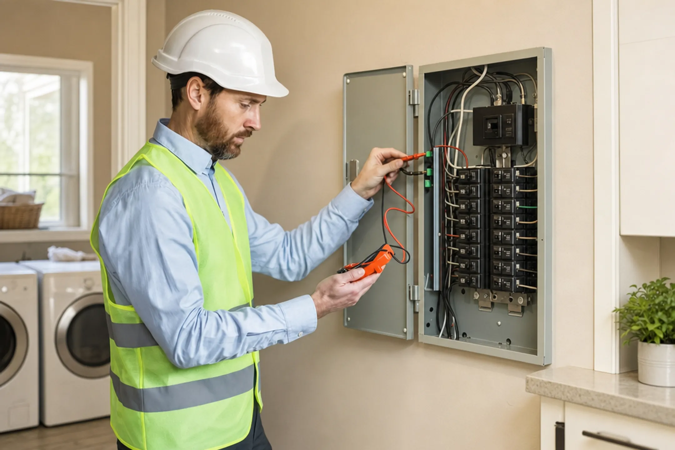 Licensed electrician working on home electrical panel with tools