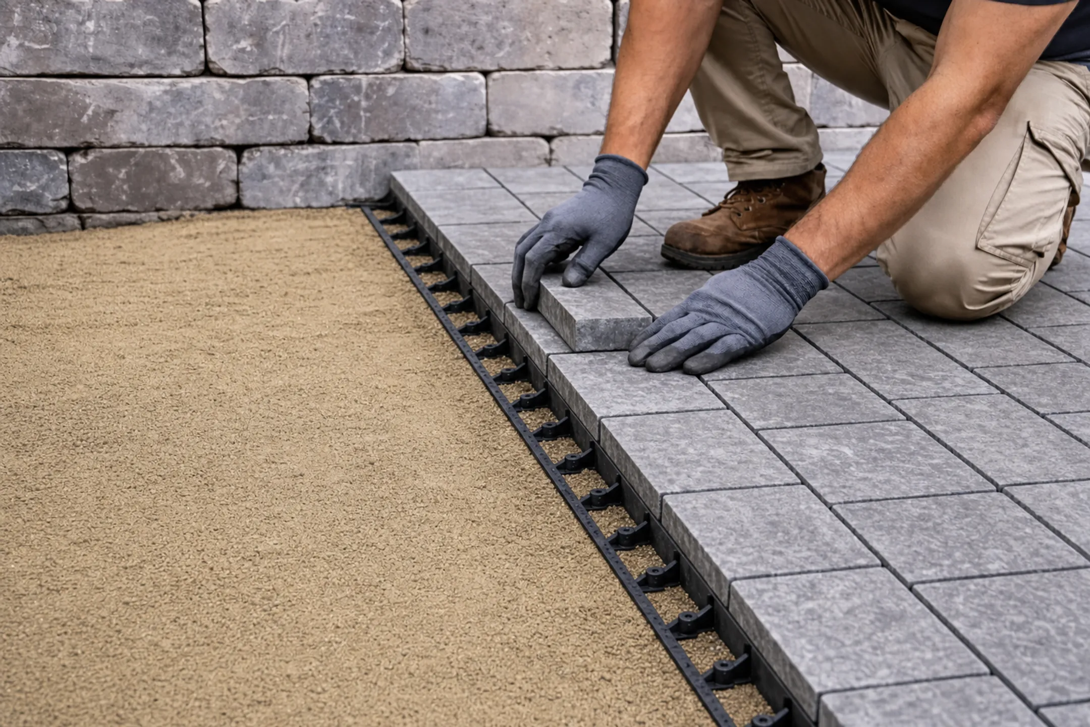 Workers installing concrete pavers with edge restraints in pattern