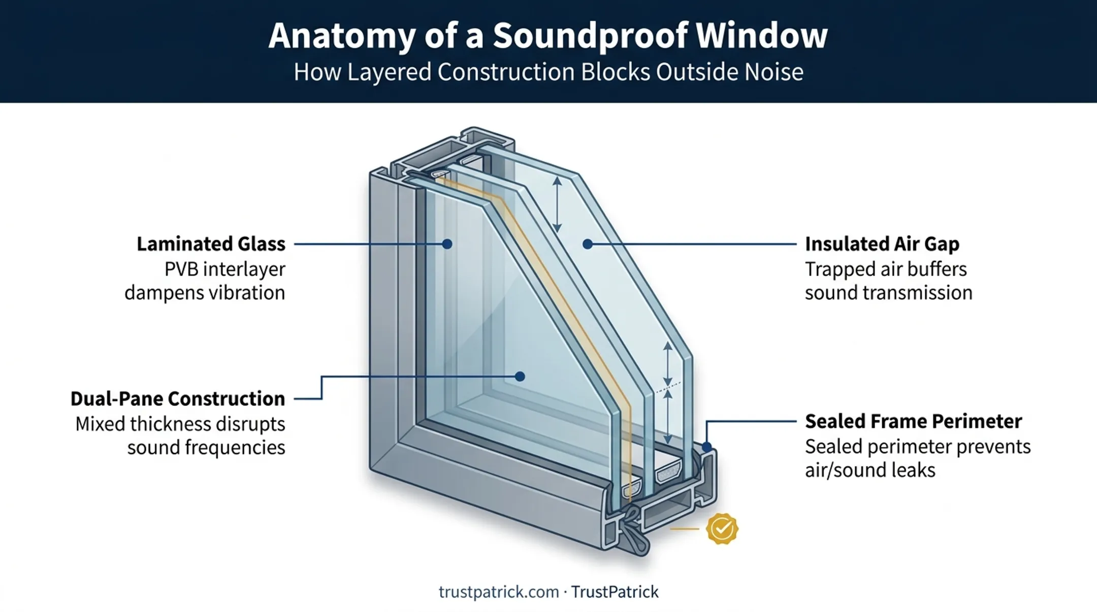 Acoustic window assembly diagram showing glass layers frames and seals