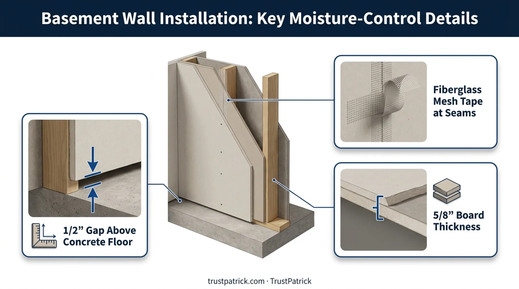 Basement drywall installation best practices showing gap tape and board thickness