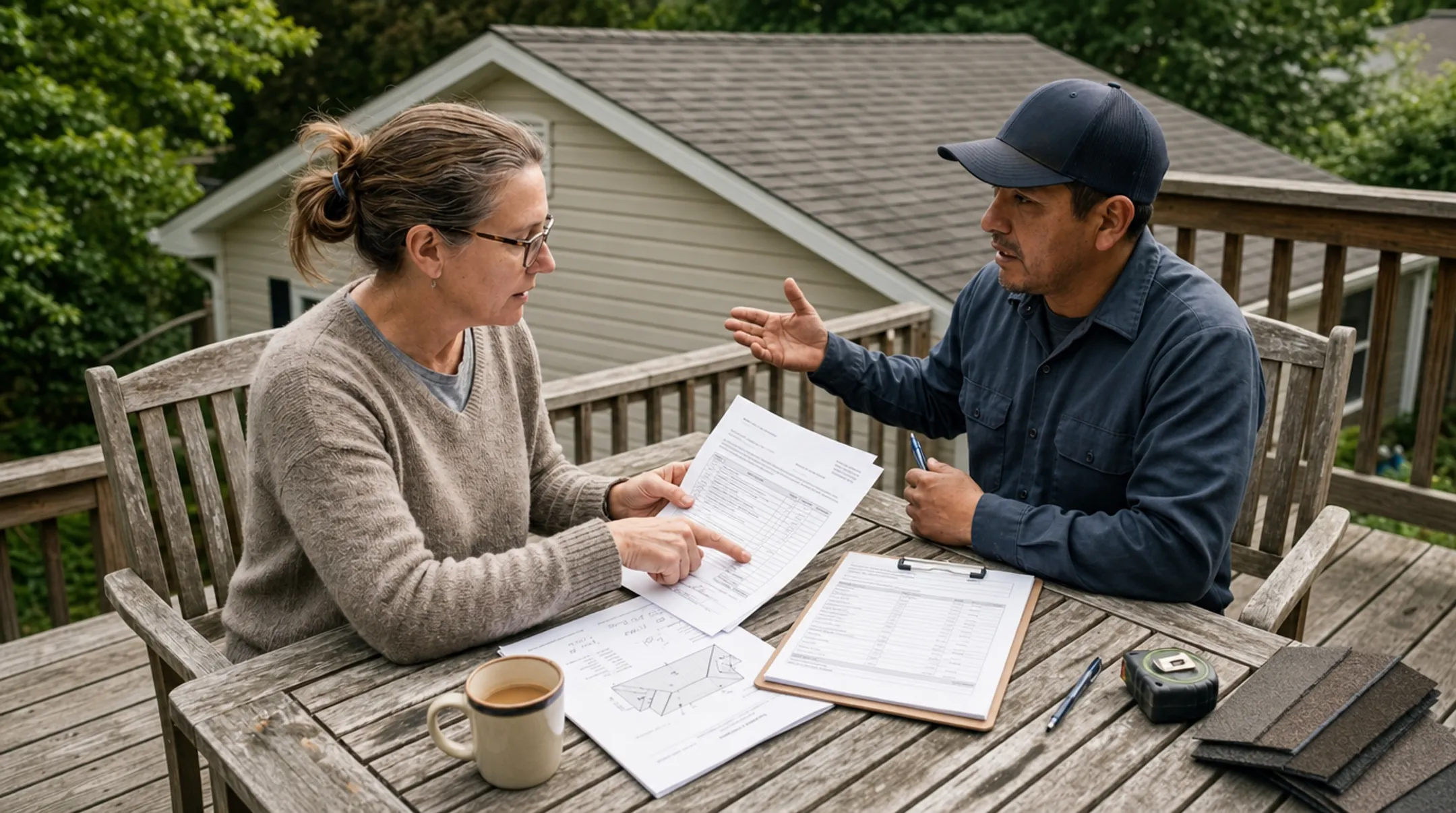 Roofing contractor providing cost estimate quote to mobile homeowner