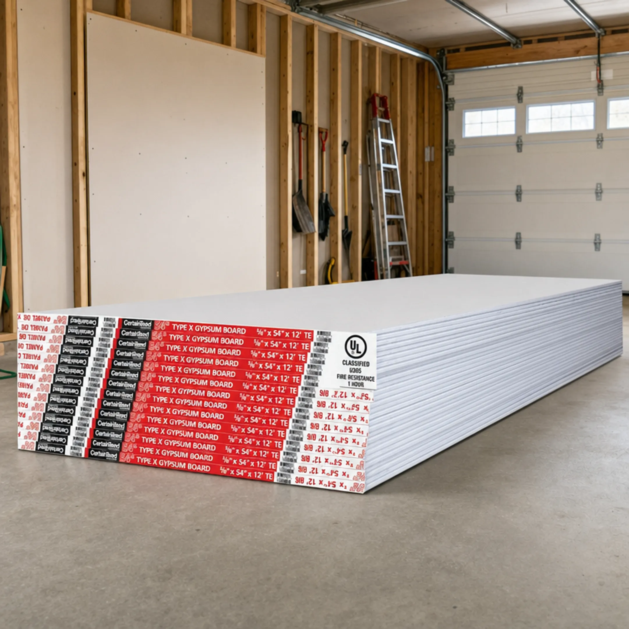 Fire-rated Type X drywall panels stacked in garage construction site
