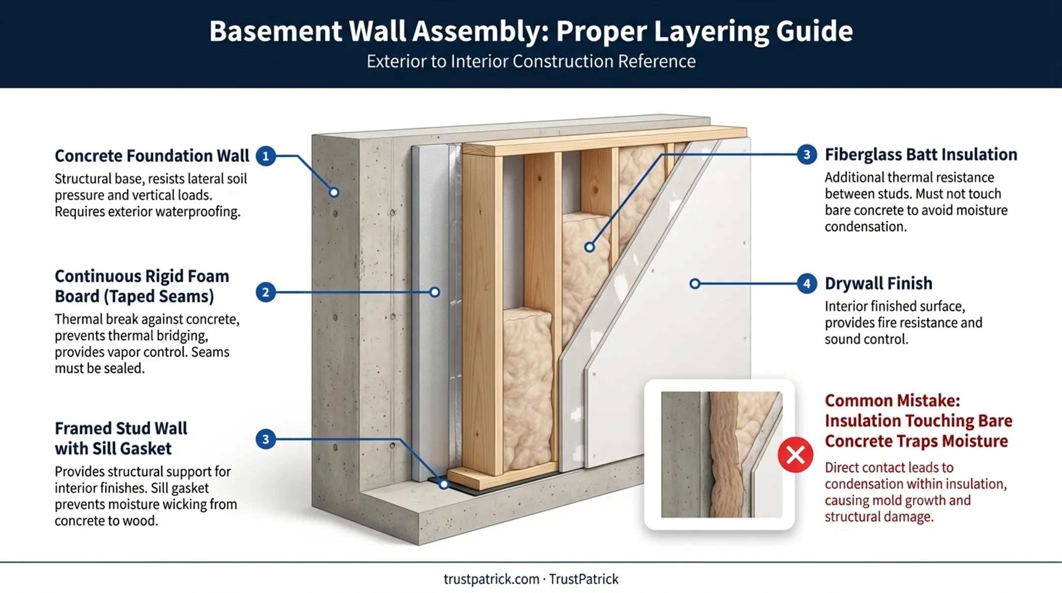 Basement wall assembly cross-section showing foam concrete and stud layers