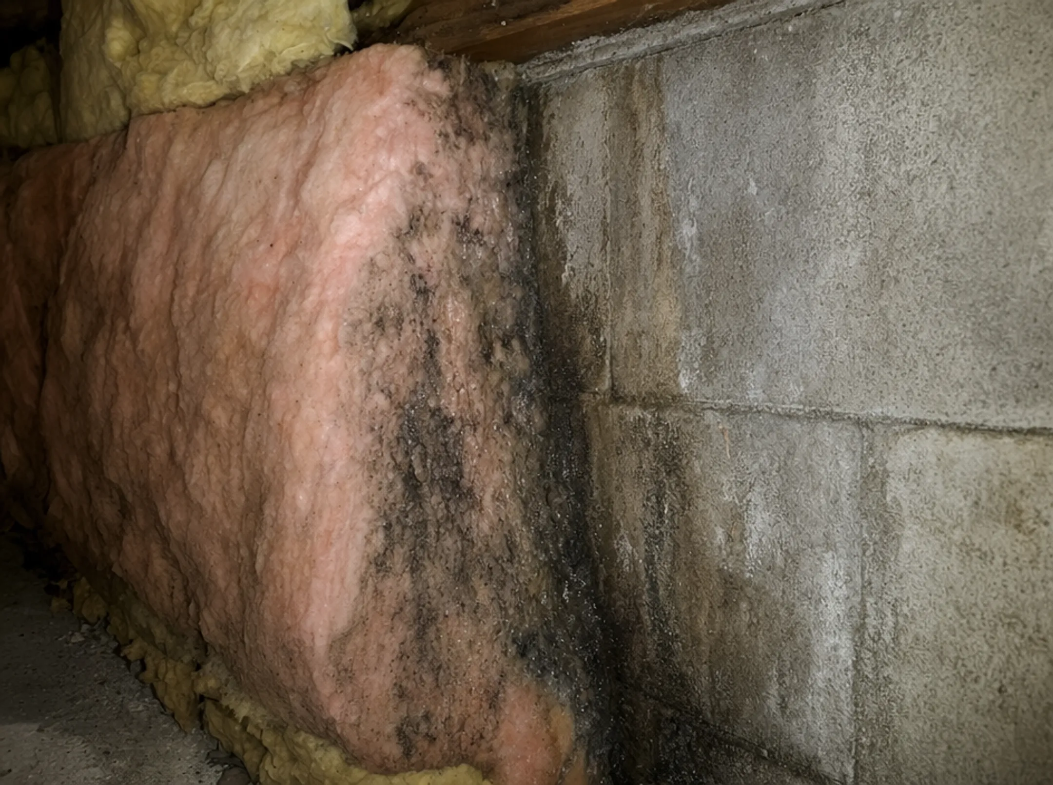 Mold growth on fiberglass insulation against damp basement concrete wall