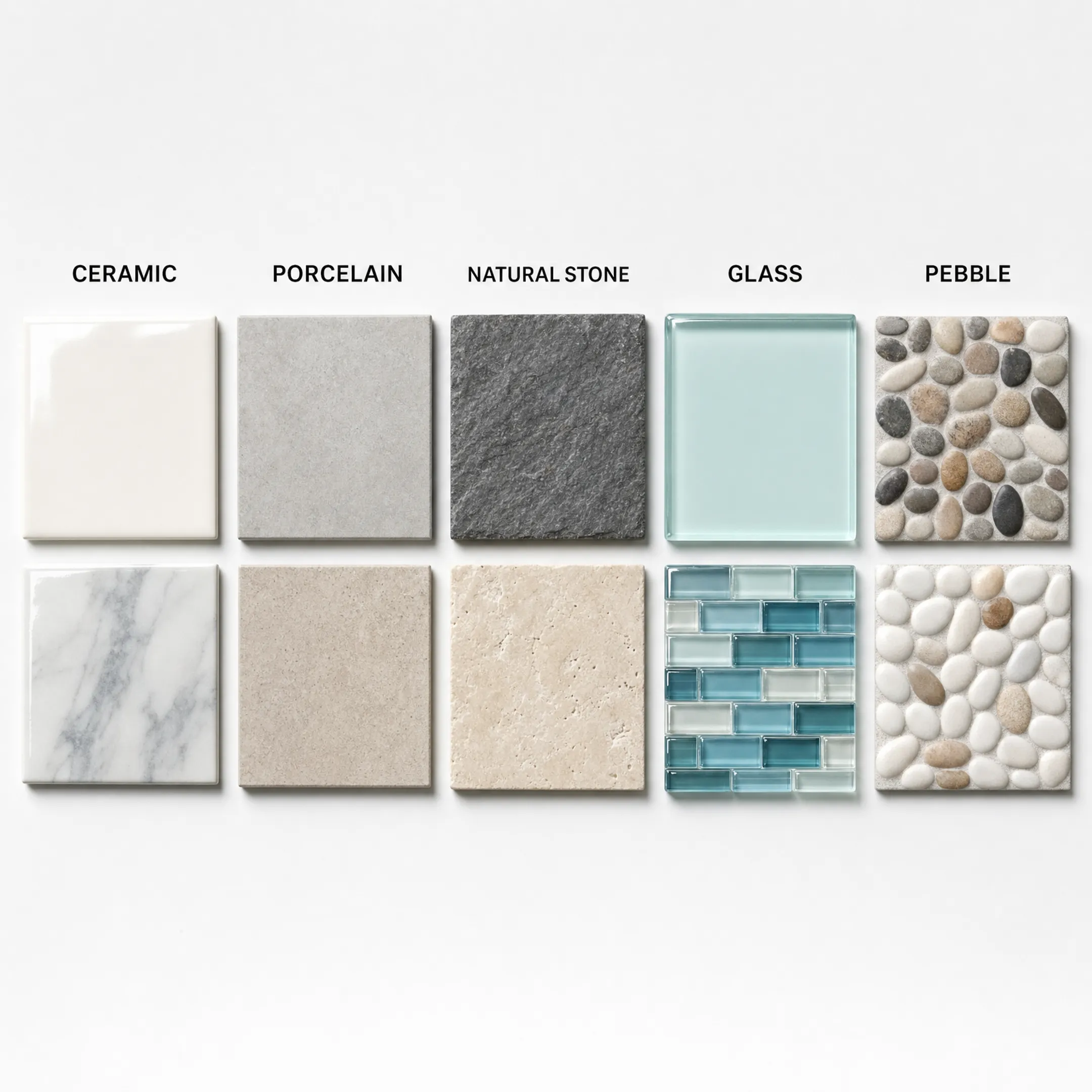 Assorted shower tile material samples including ceramic porcelain and natural stone