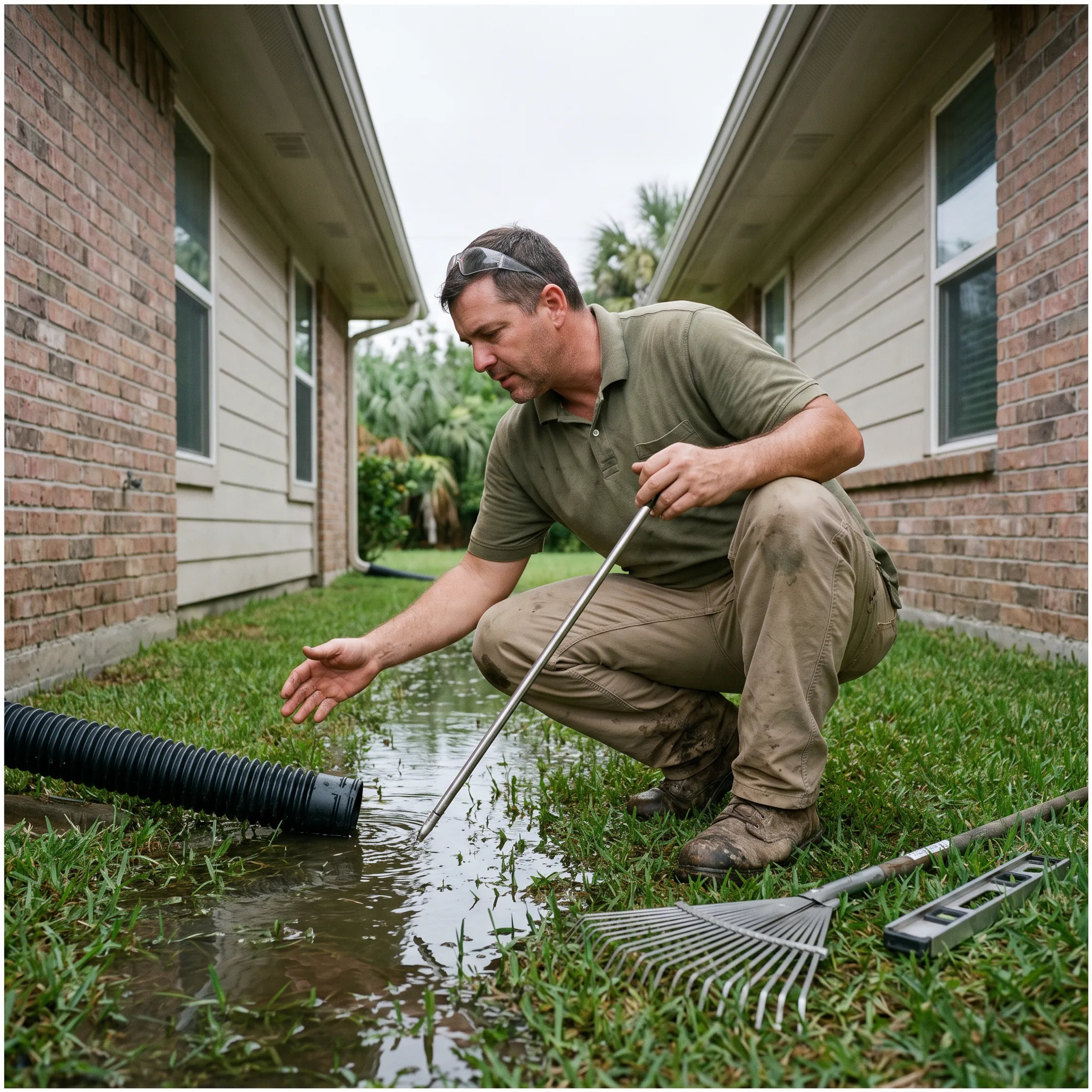 Contractor assessing residential yard drainage