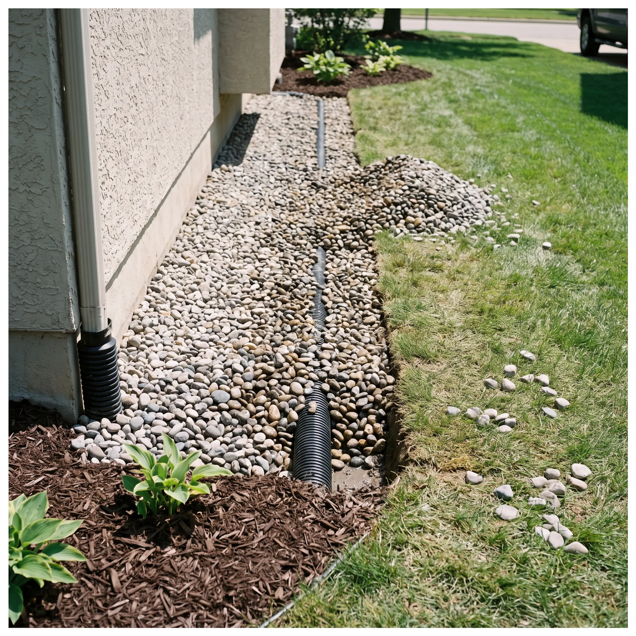 Installed French drain in landscaped yard
