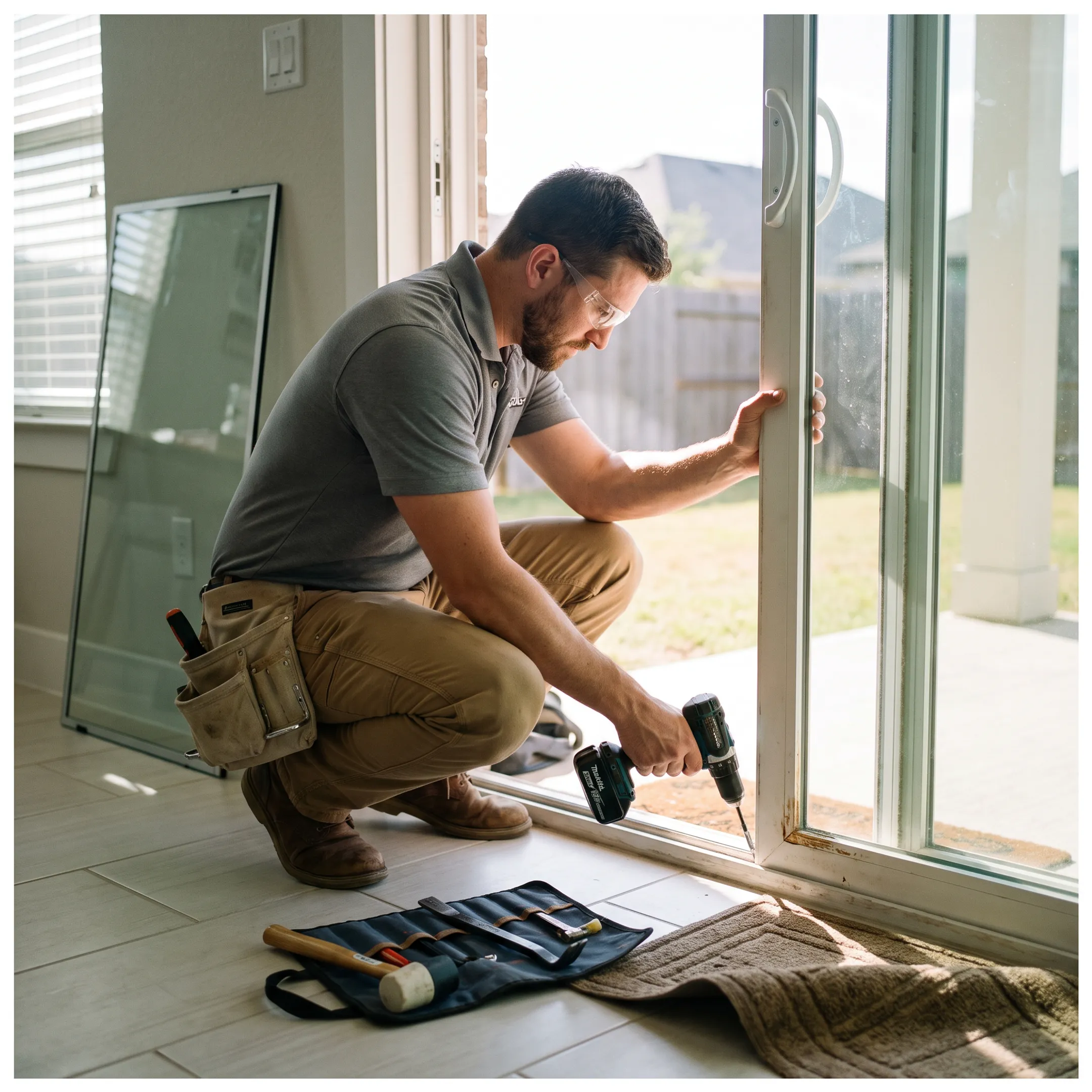 Technician repairing a residential sliding glass door