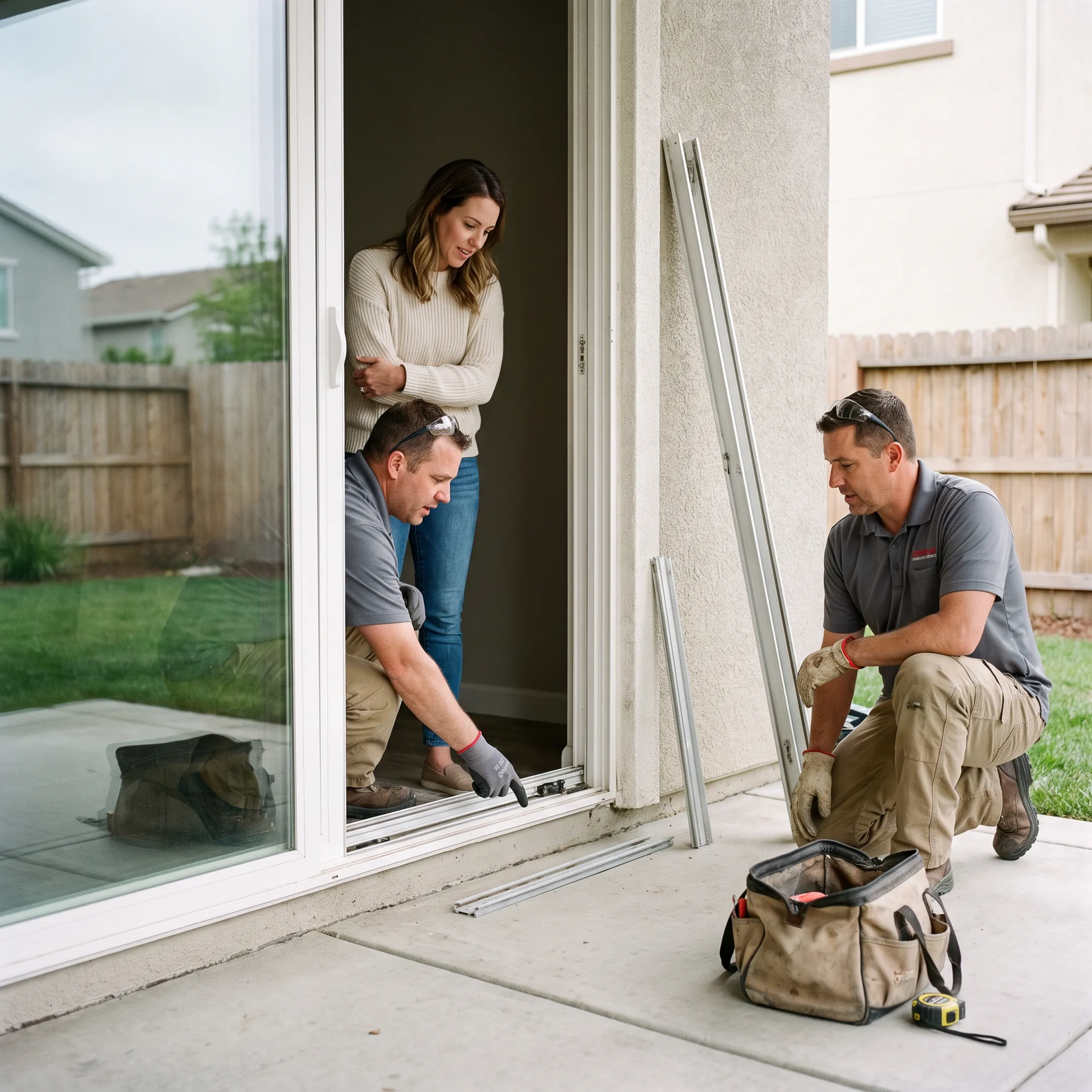 Homeowner discussing glass door repair options