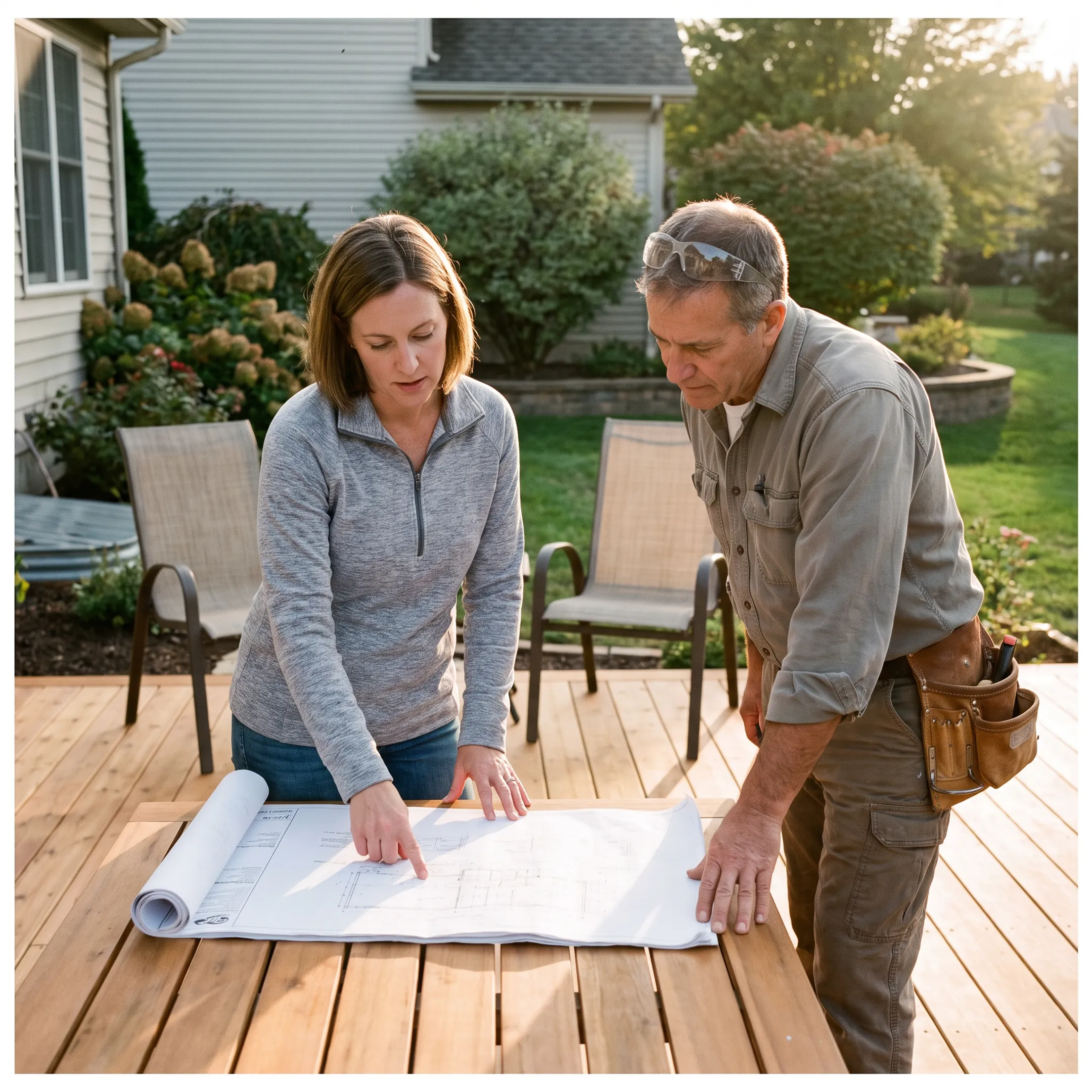 Homeowner reviewing a new backyard deck