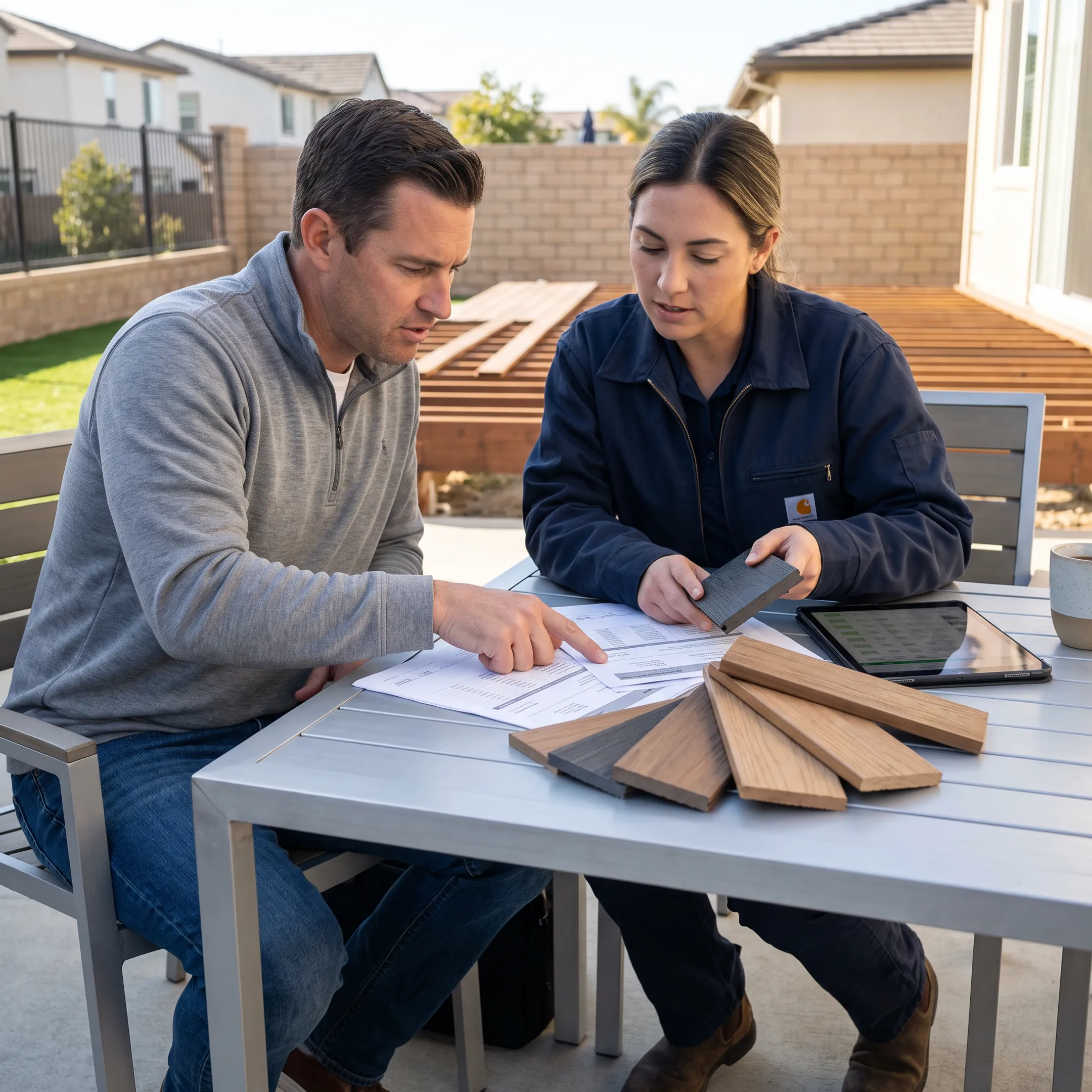Homeowner comparing deck contractor estimates