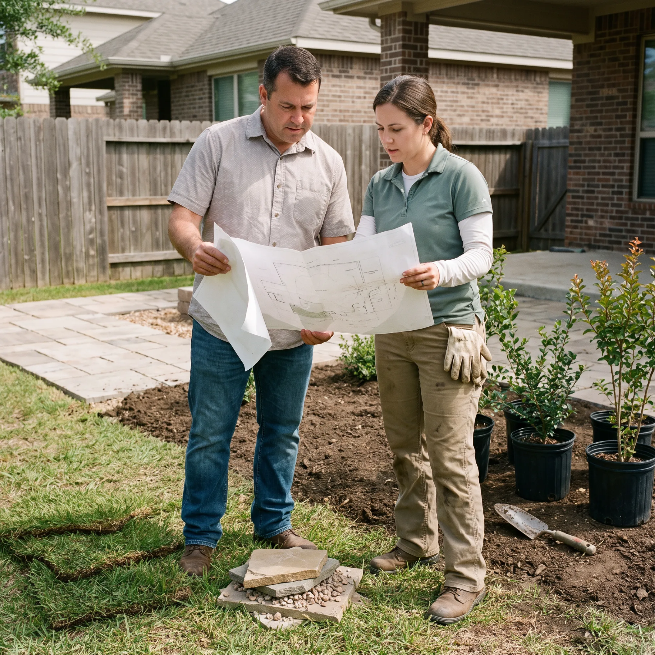 Homeowner reviewing a landscape plan outdoors