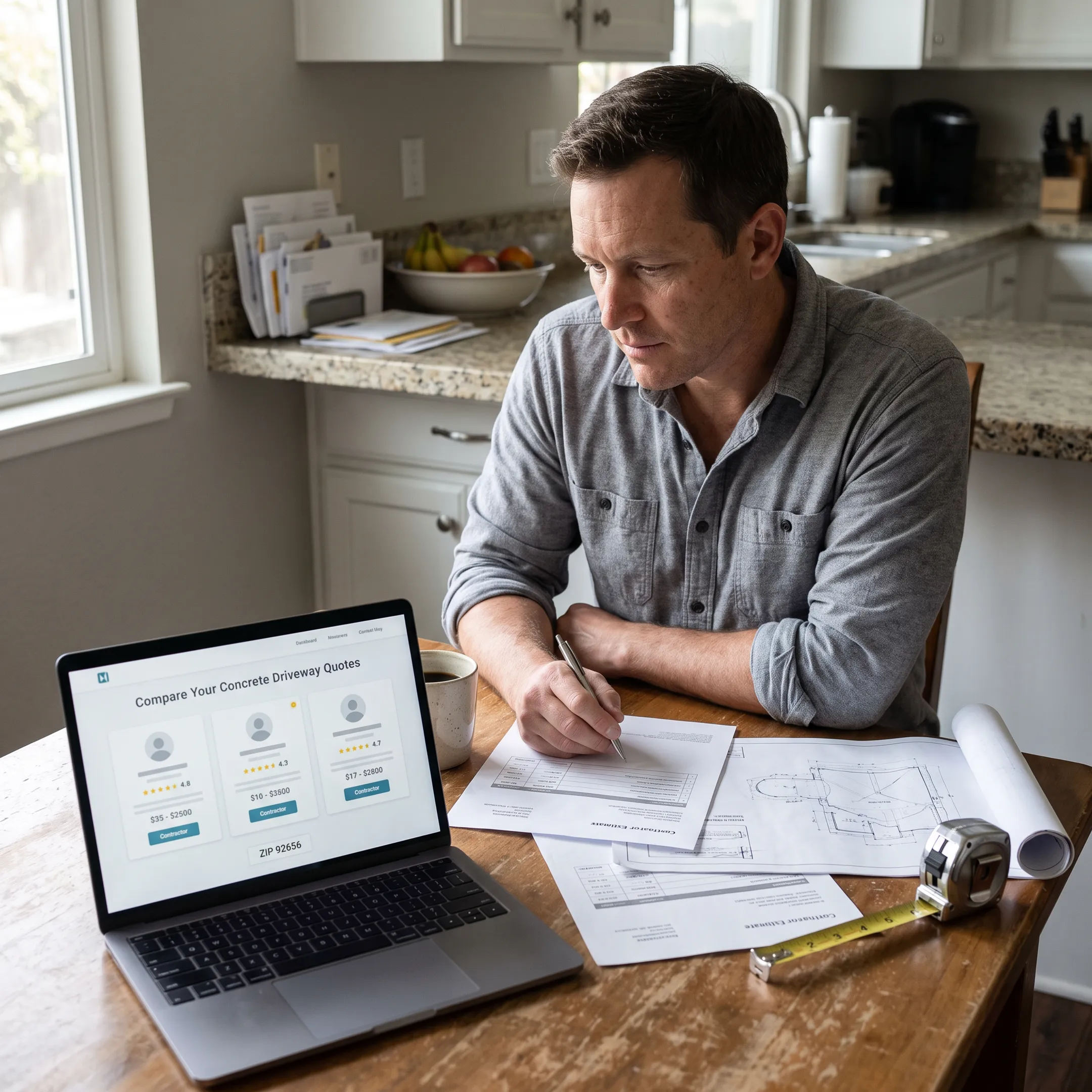 Homeowner reviewing concrete driveway estimates
