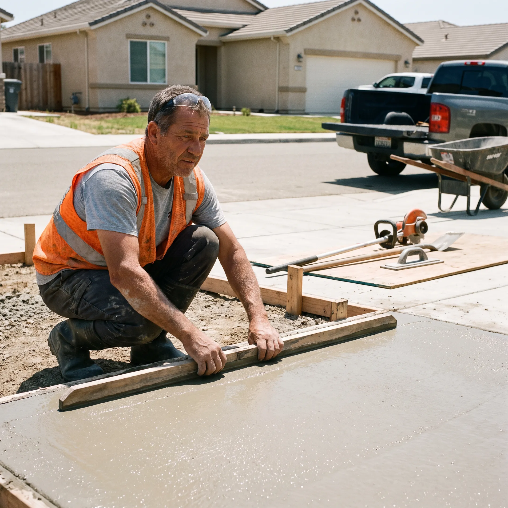 Contractor finishing a residential concrete driveway
