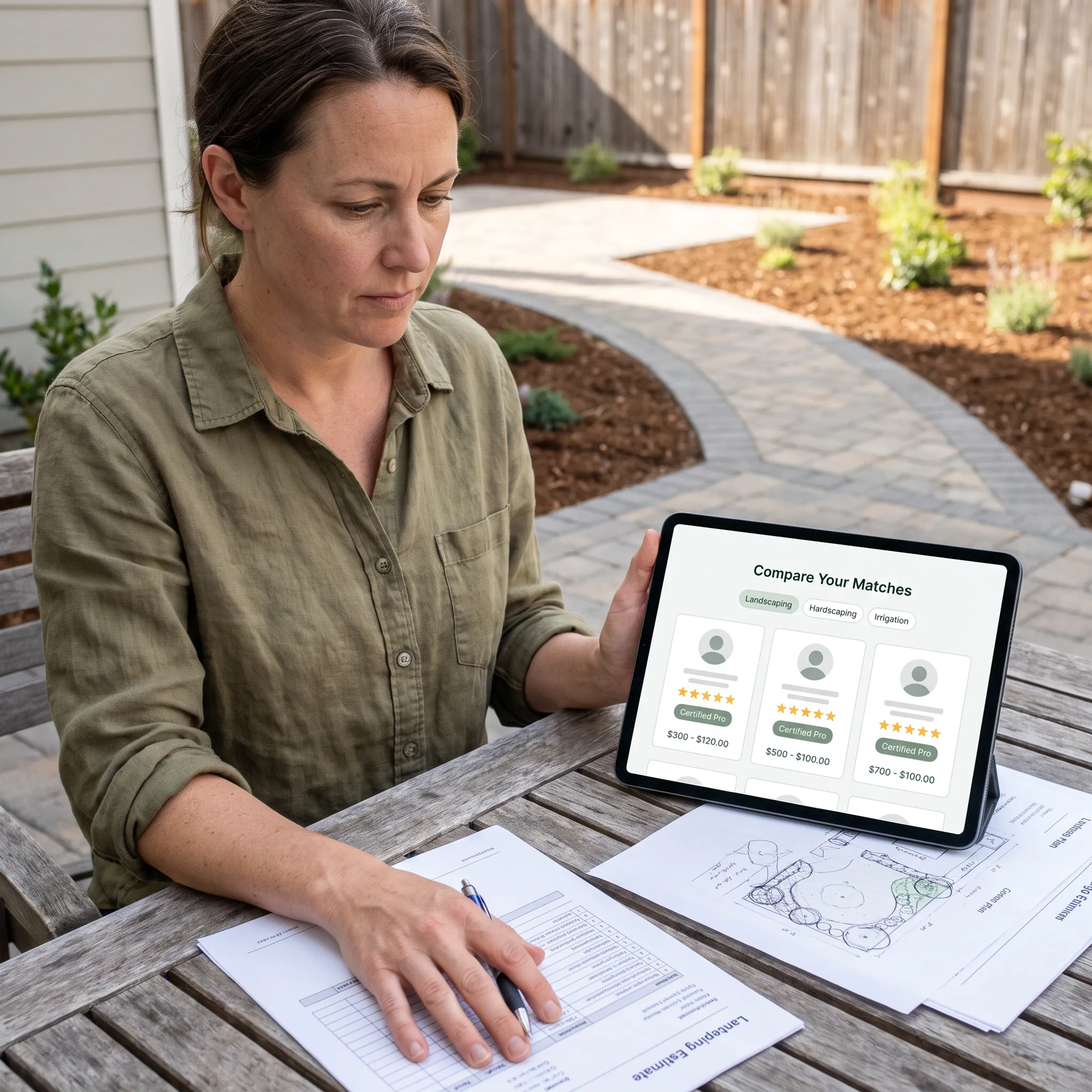 Homeowner comparing landscape project options