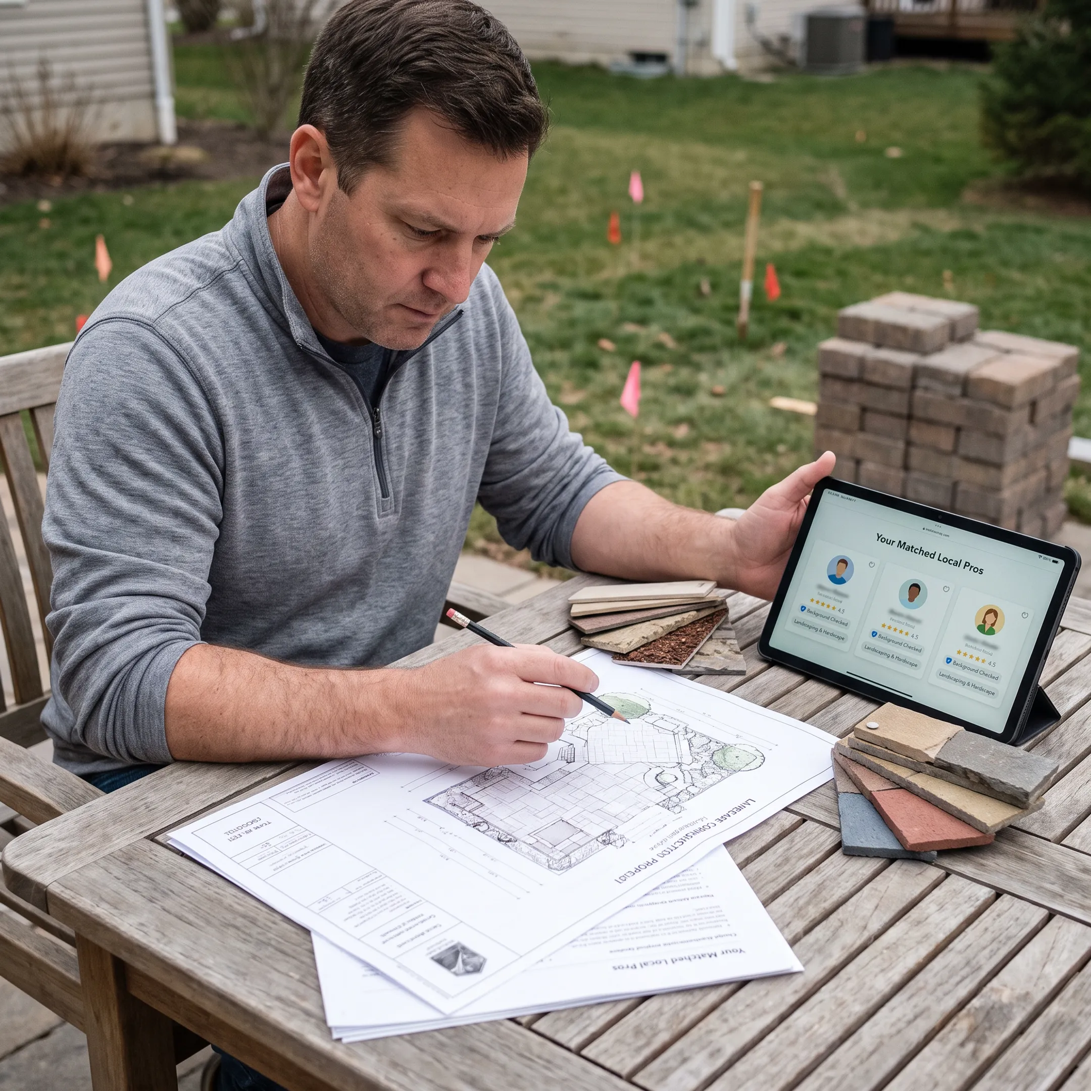 Homeowner reviewing landscape contractor plans