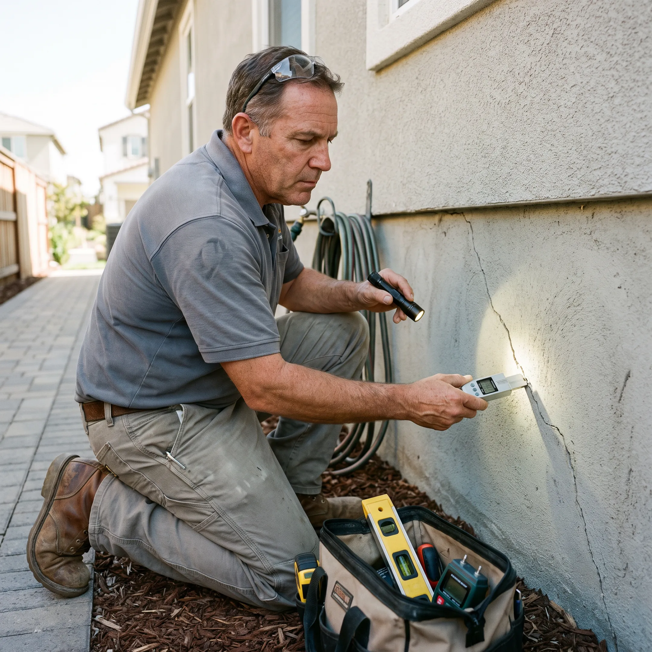 Contractor inspecting a home foundation