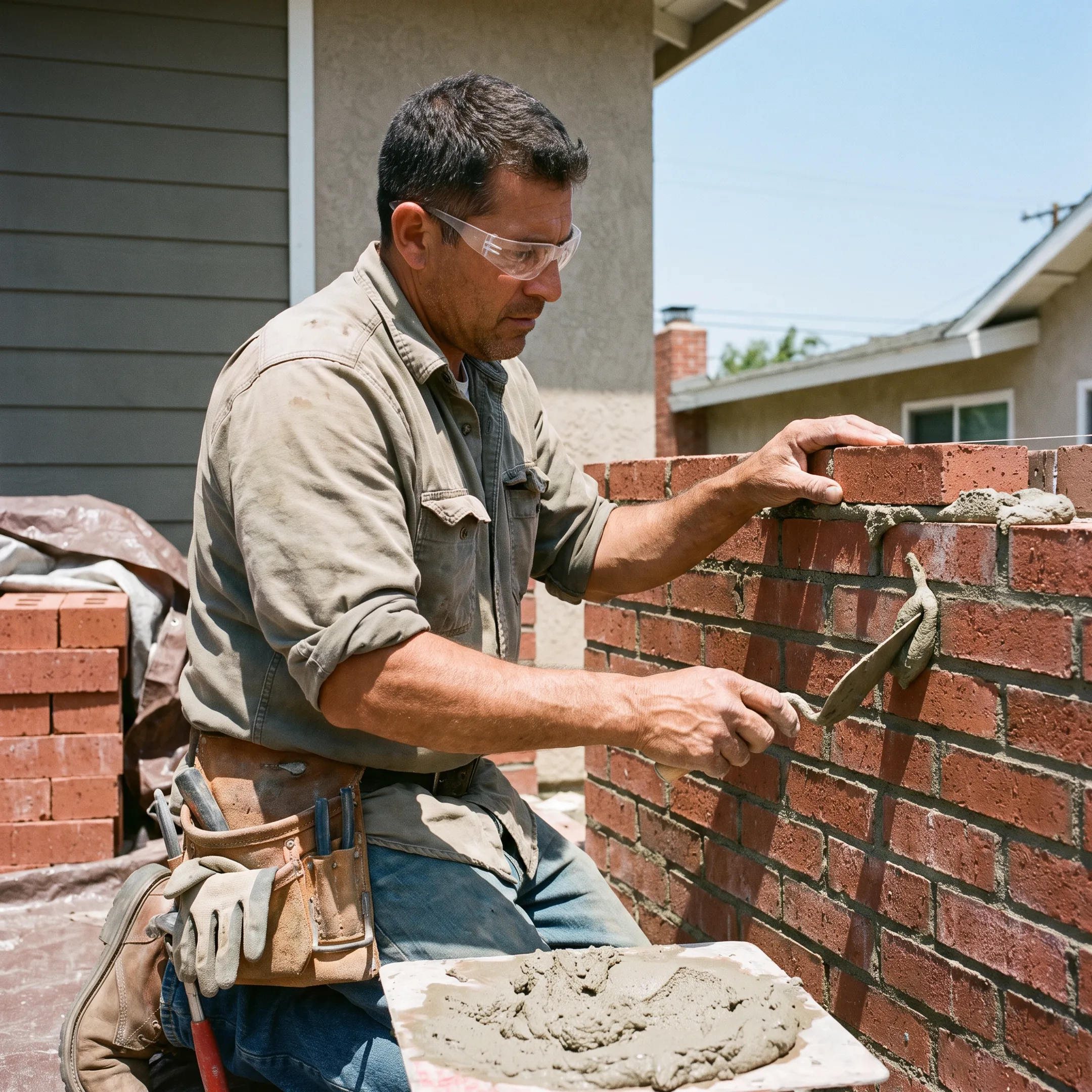 Mason repairing a damaged brick wall