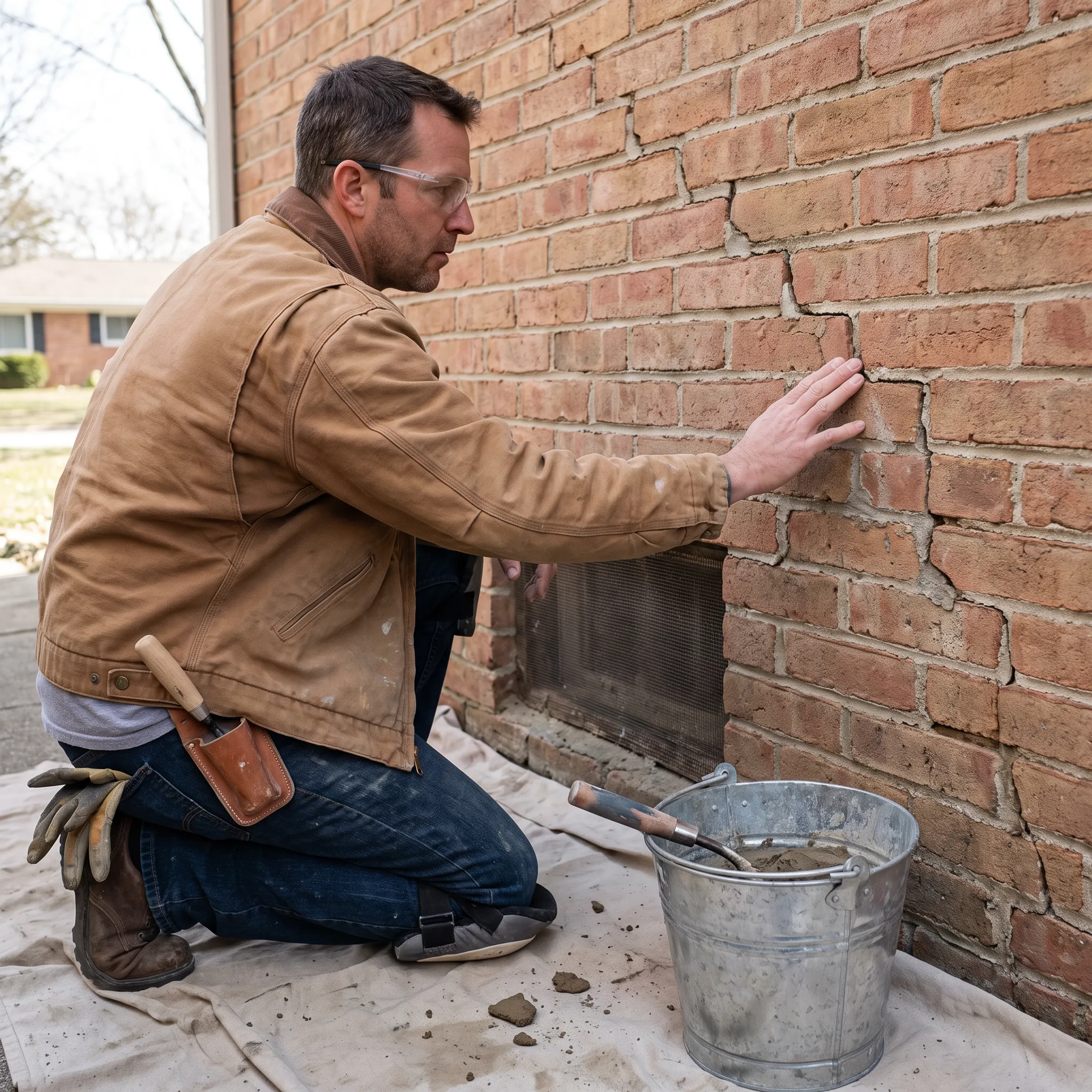 Contractor inspecting damaged masonry joints