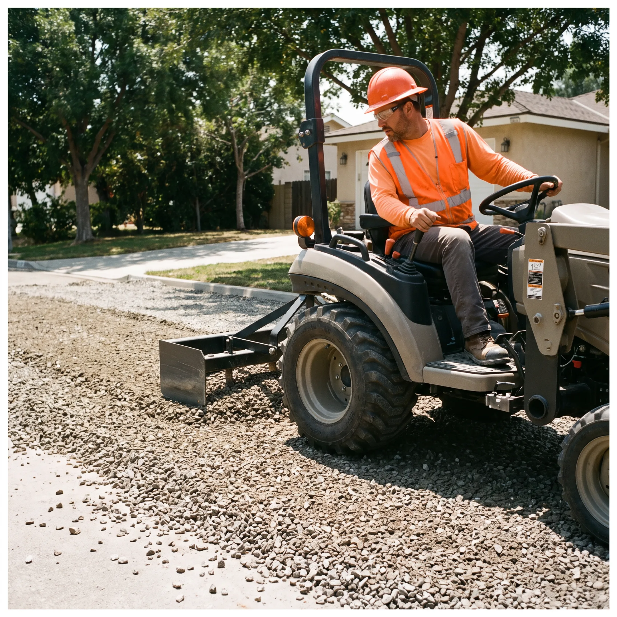 Contractor grading a gravel driveway