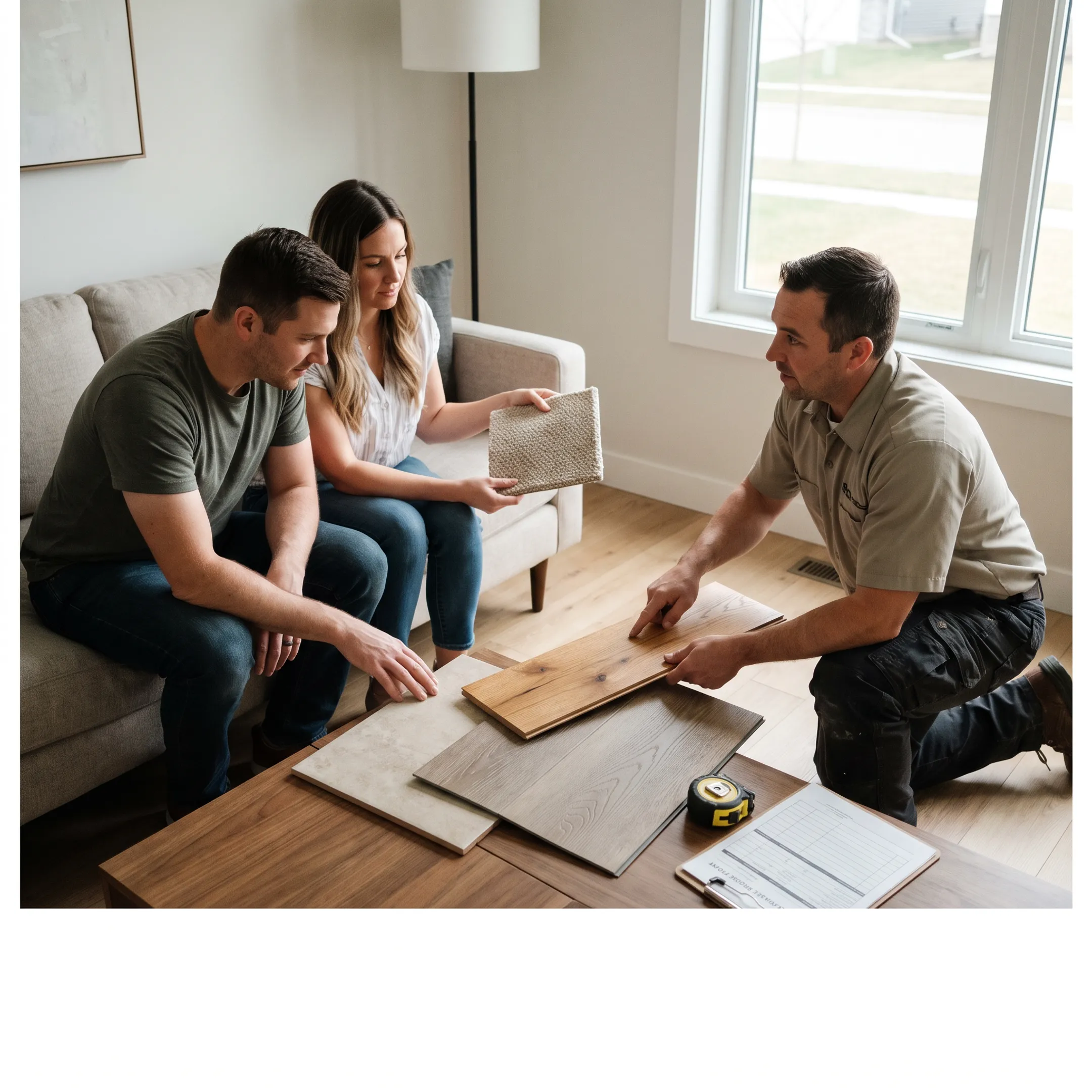 Contractor showing flooring options to homeowners