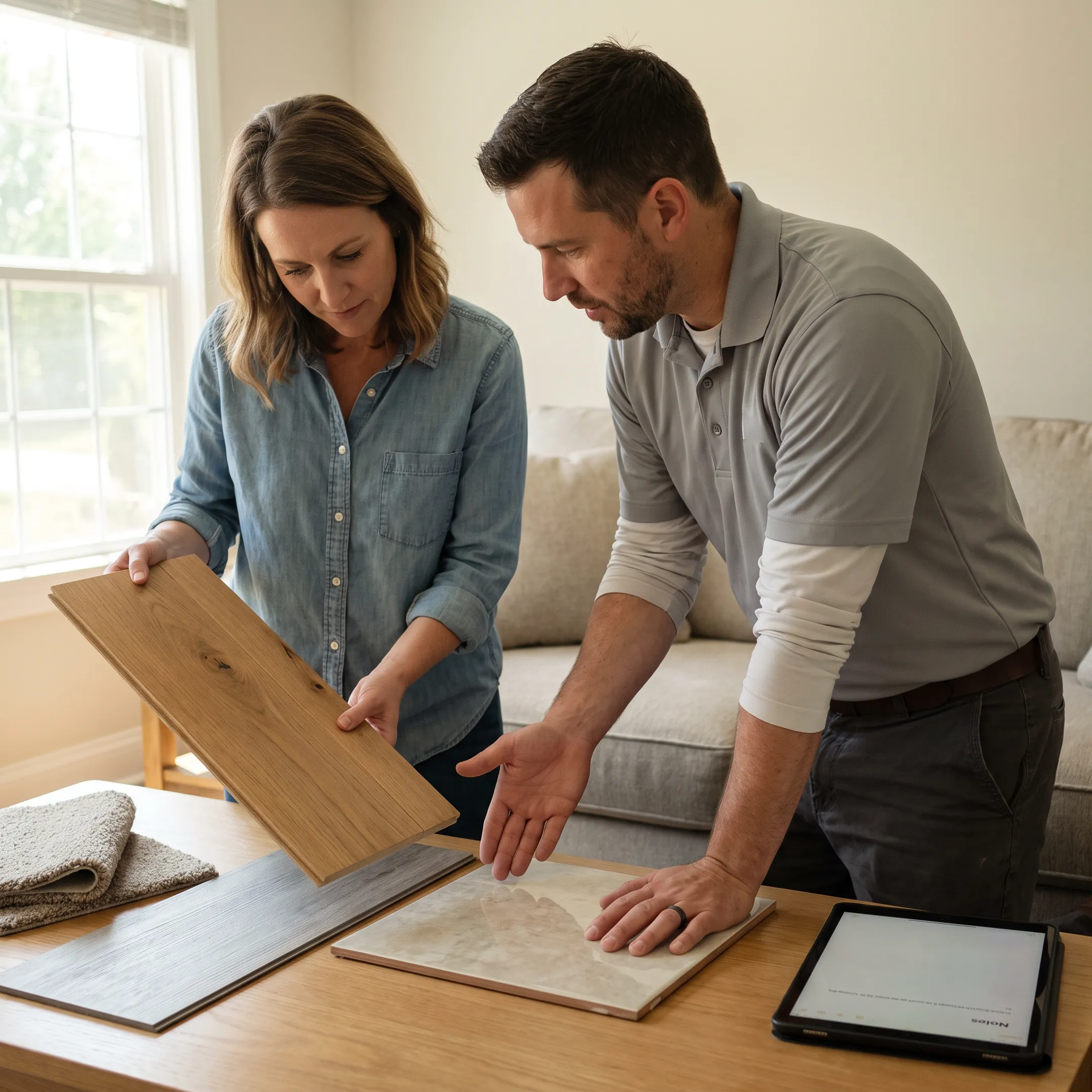 Homeowner reviewing flooring samples with a contractor