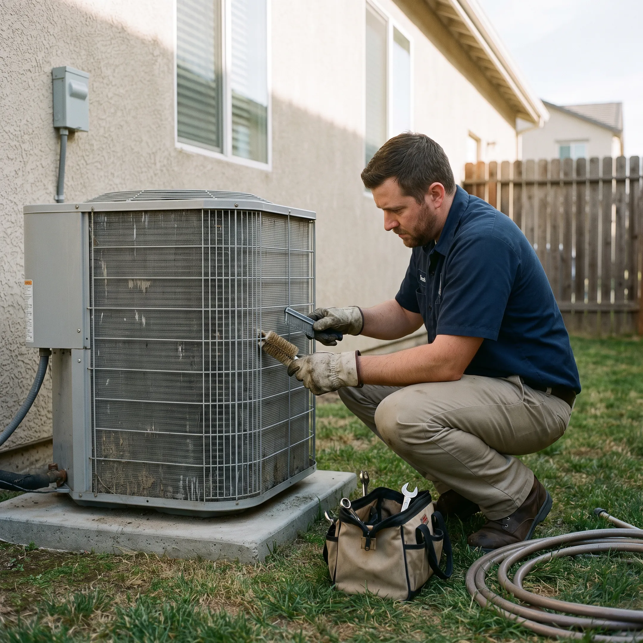 Technician cleaning an outdoor air conditioner