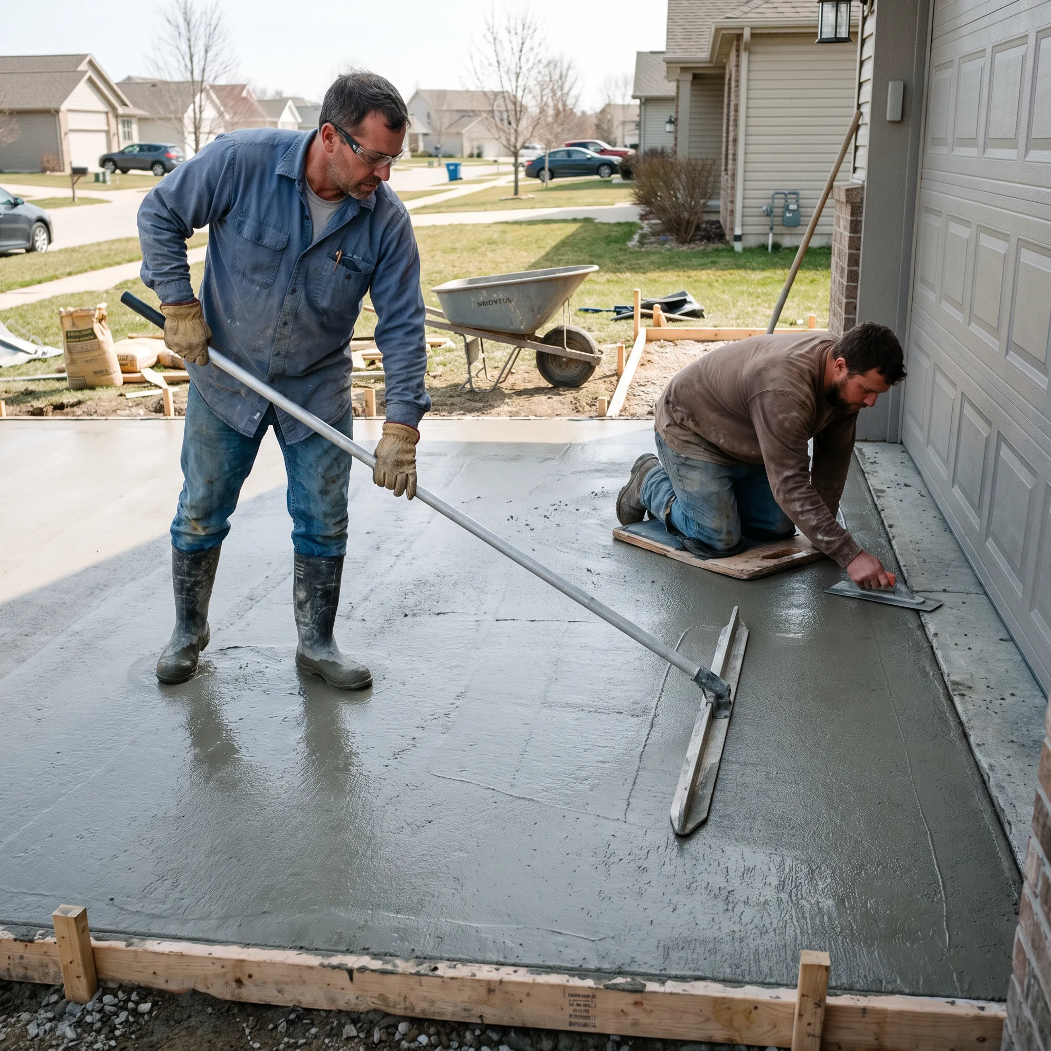 Concrete crew installing a residential driveway