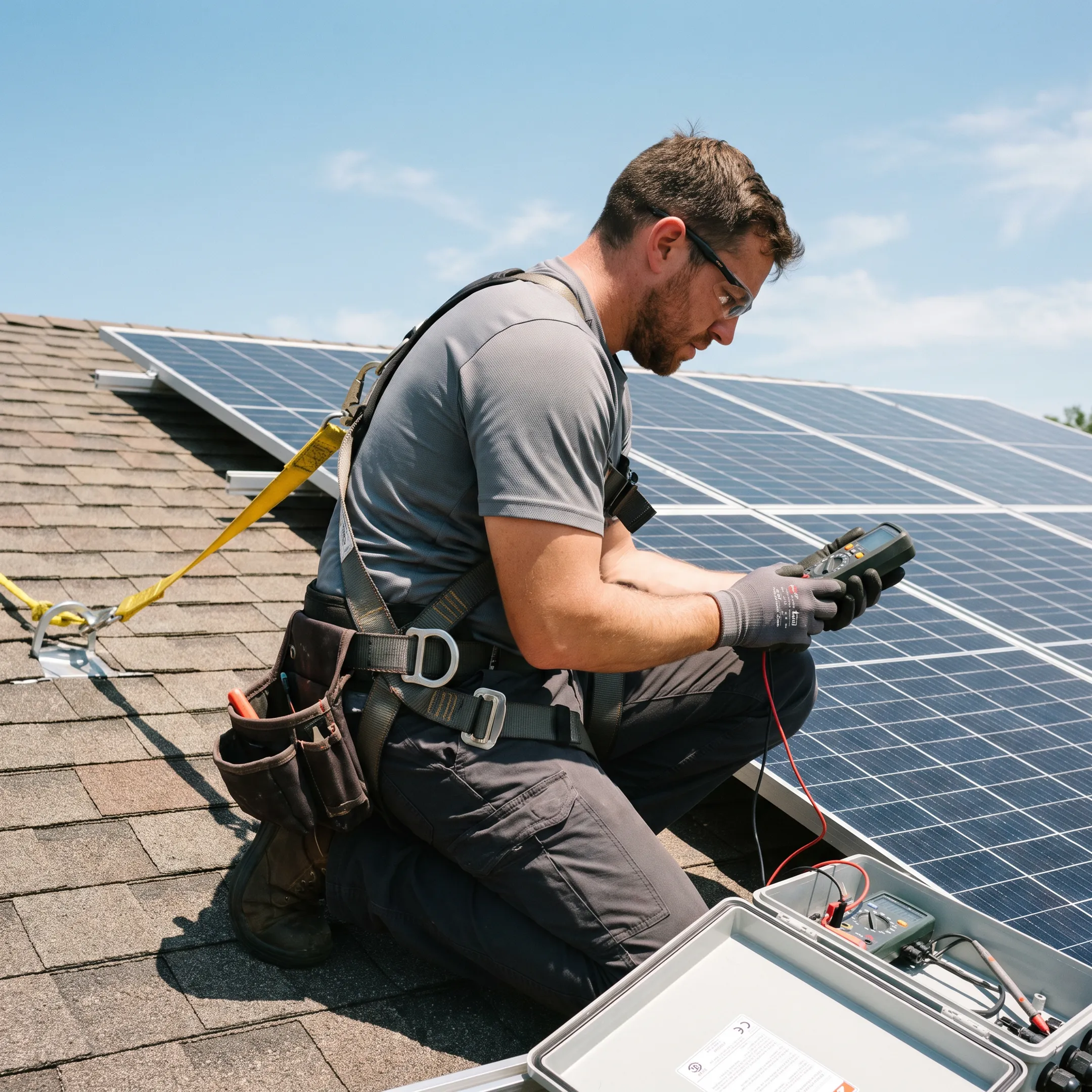 Technician inspecting rooftop solar panels