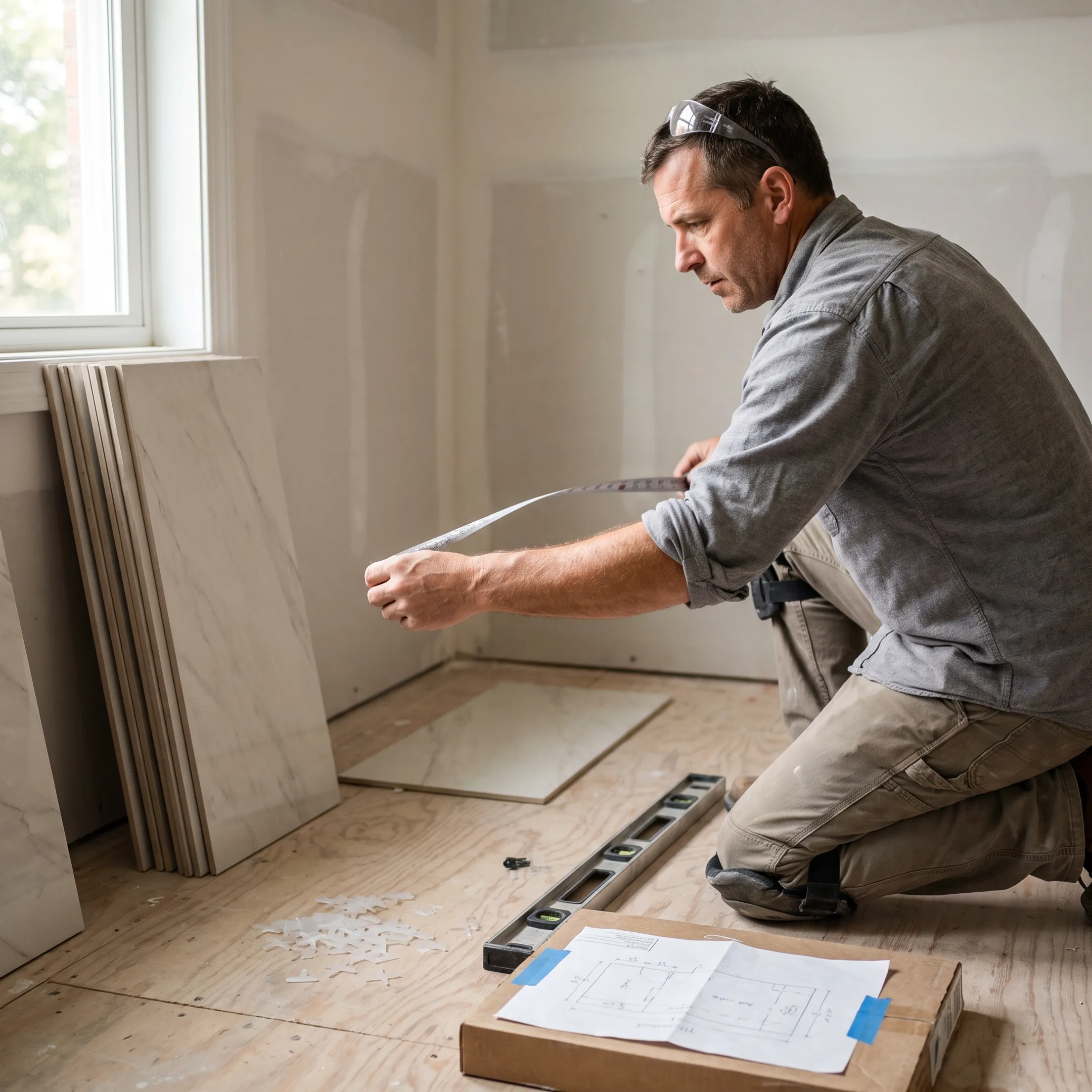 Tile contractor planning a bathroom installation