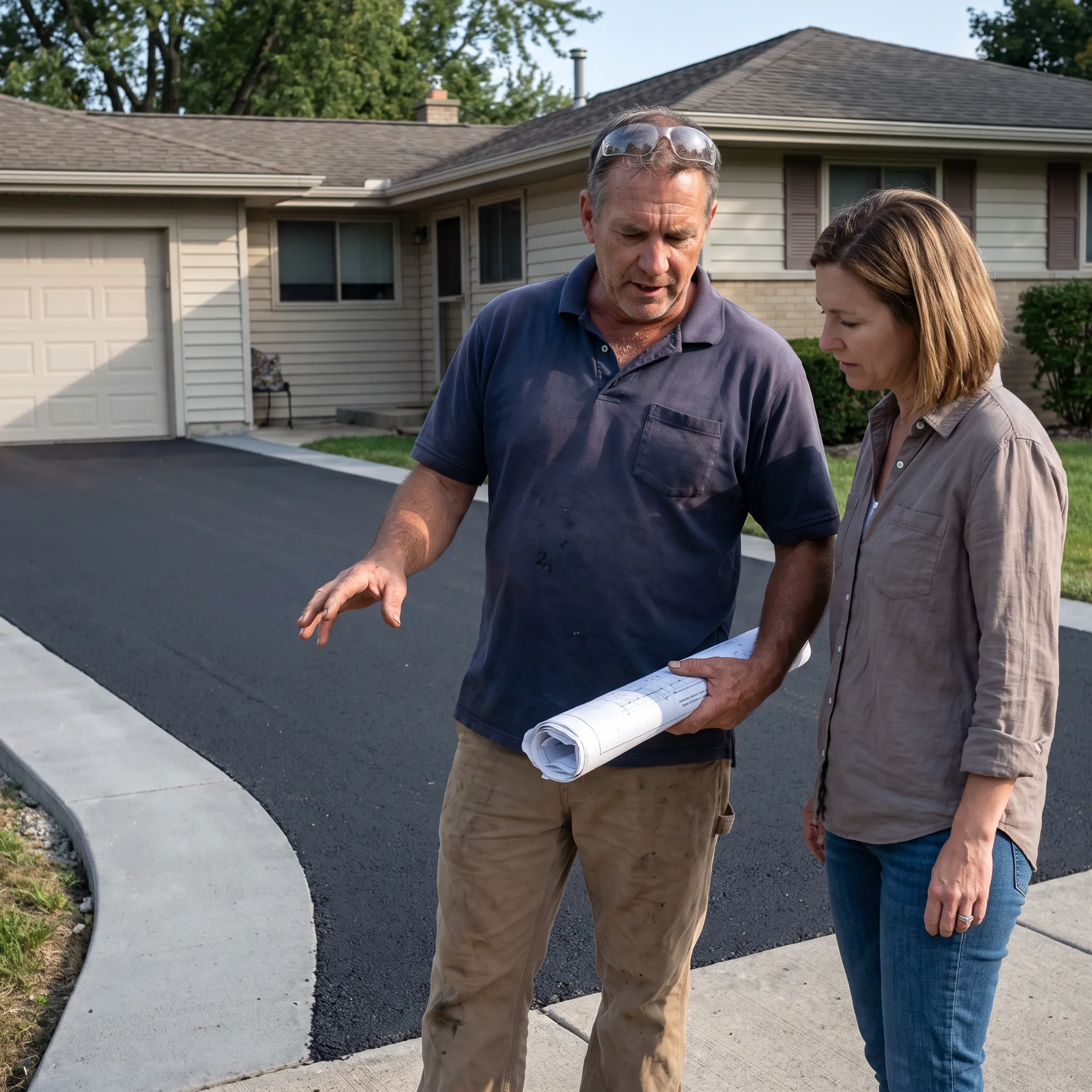 Contractor reviewing a paved driveway project